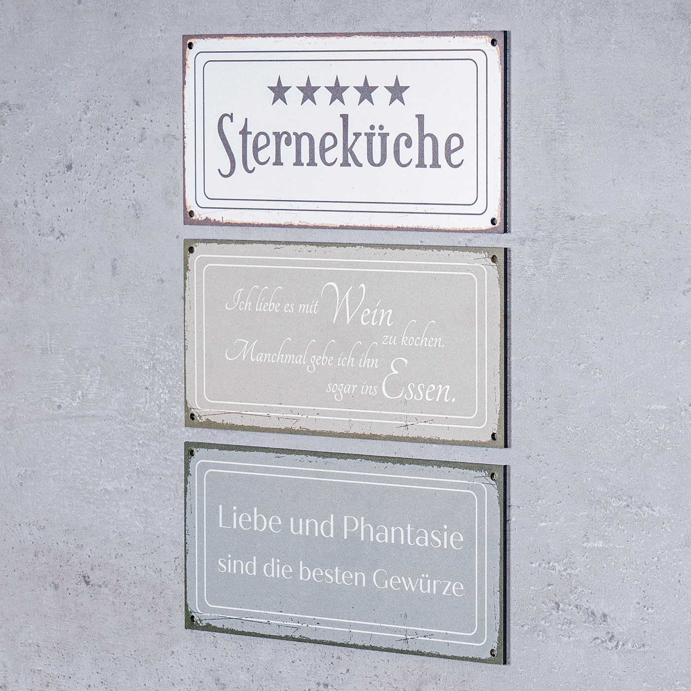 3er Set Wandbilder 20x10cm Küche Schilder Aluminium Dibond Sterneküche Shabby Chic