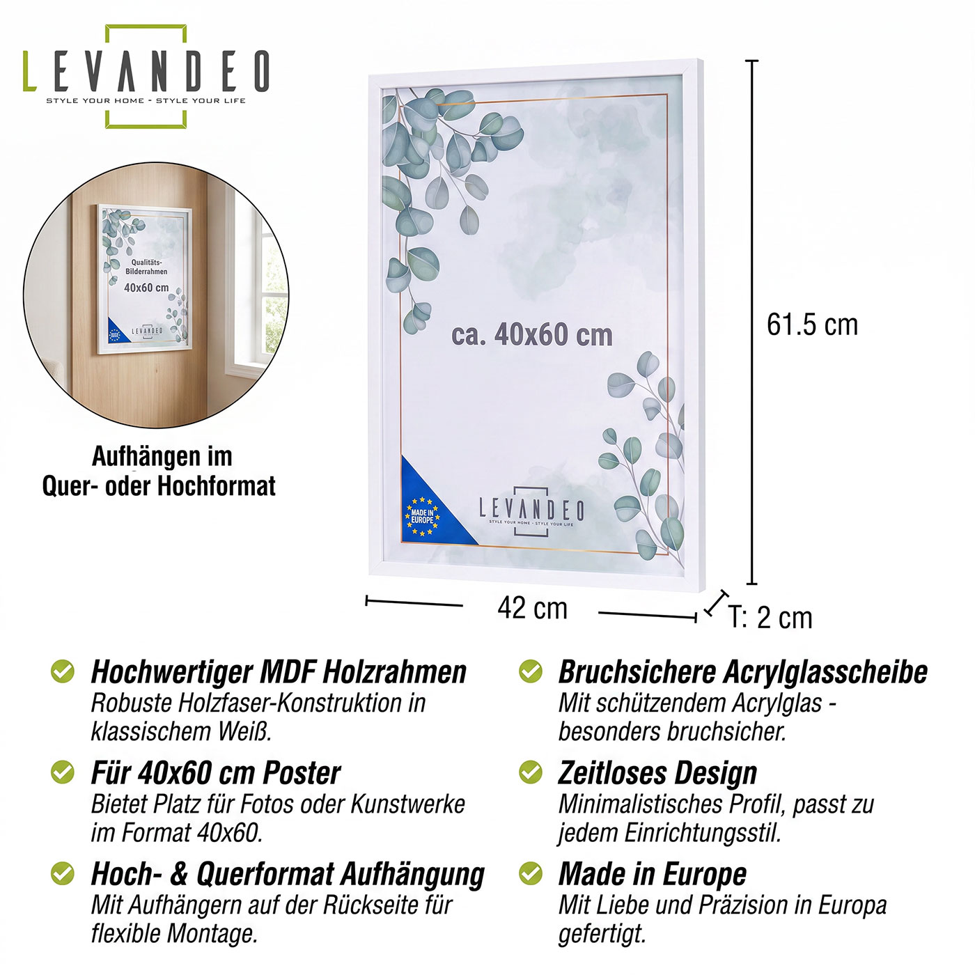 Fotorahmen 40x60 Weiß MDF Holz Bilderrahmen Posterrahmen Poster Kunstdrucke