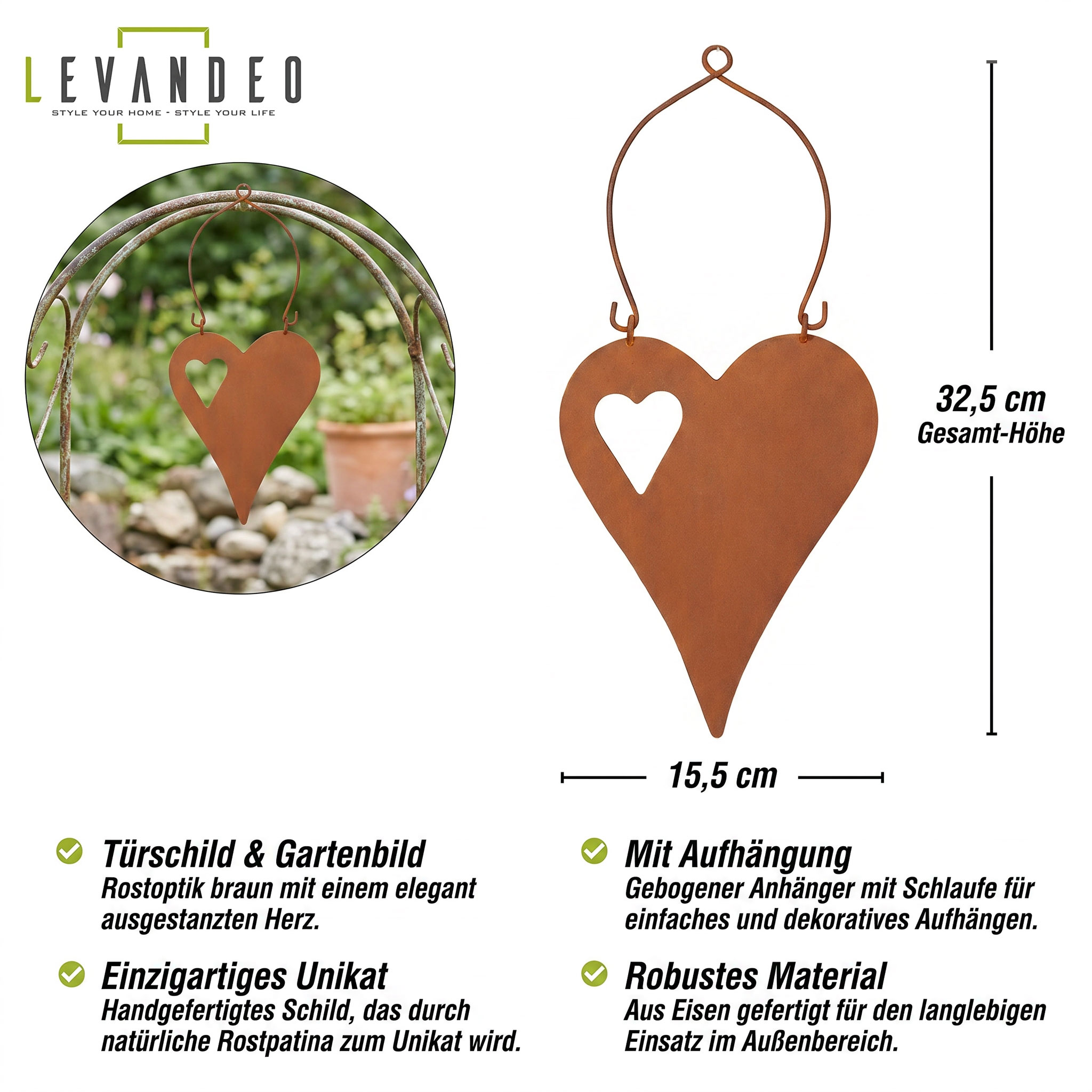 Schild Herz 15x32cm Gartendeko Türschild Edelrost Wandbild Rostdeko Deko