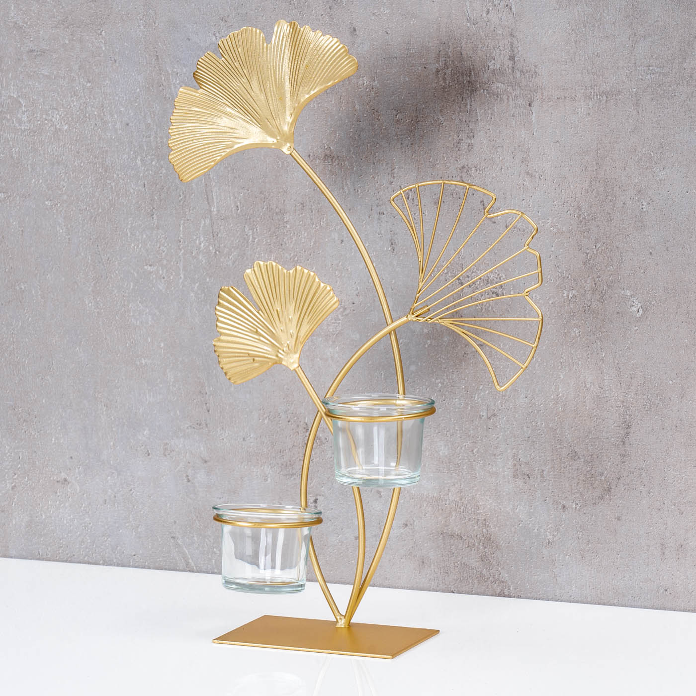 Teelichthalter H34cm Ginkgo Gold Metall Kerzenhalter Kerzenständer Tischdeko