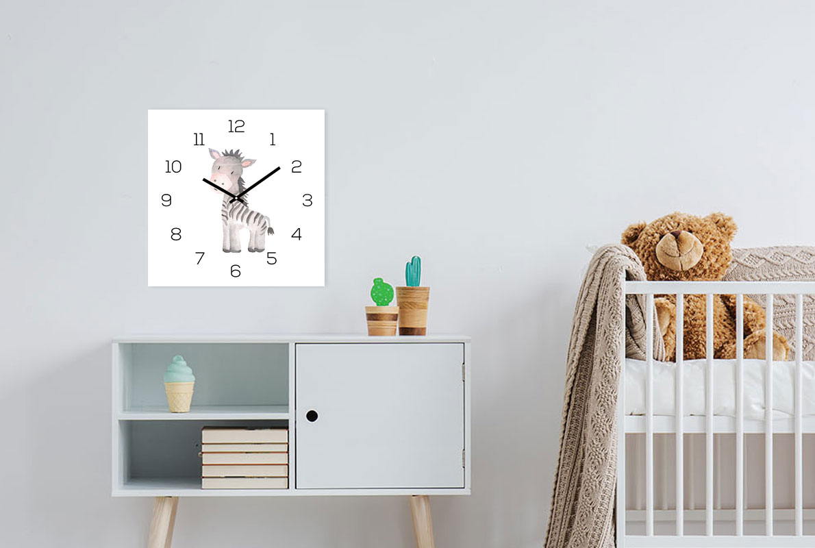 Wanduhr Zootiere 30x30cm Zebra Glas Kinder Uhr Glasbild Tiermotiv Wanddeko