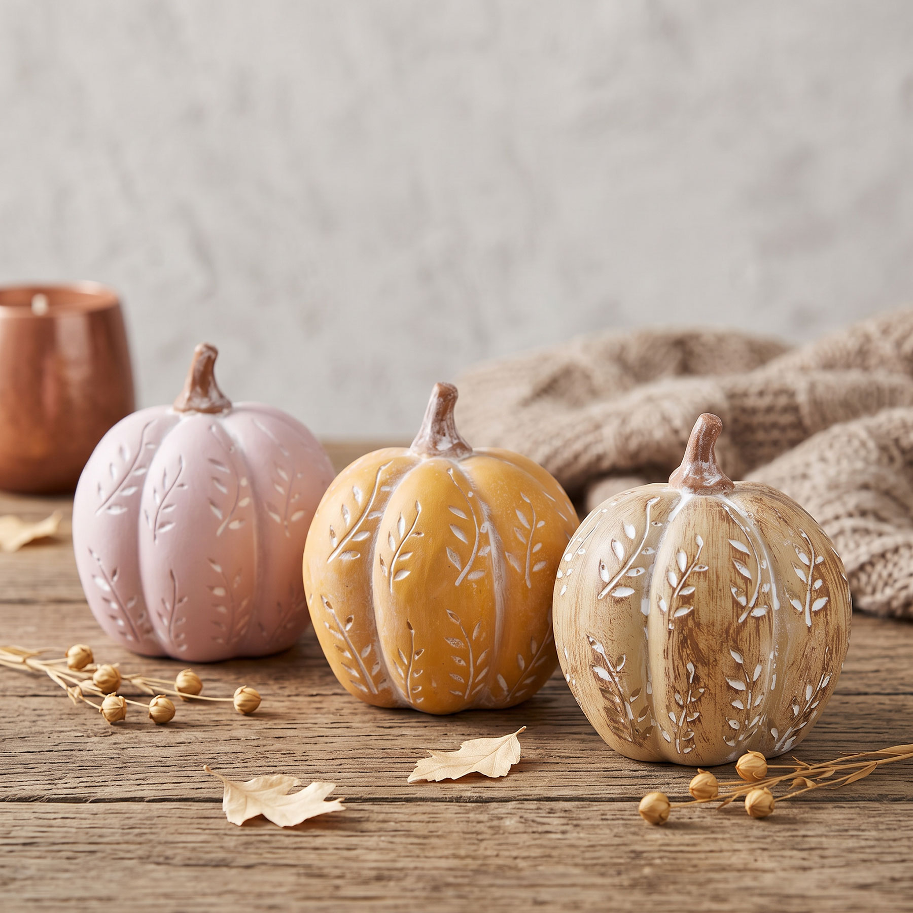 3er Set Deko Kürbis Orange Beige Rosa 10cm Tischdeko Herbst Herbstdeko Ernte
