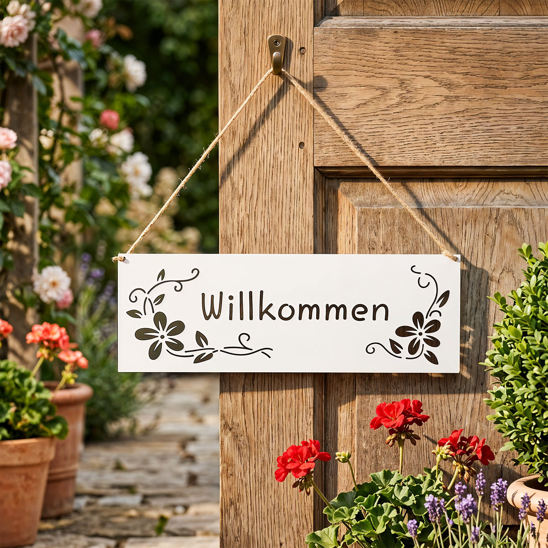 Türschild Willkommen Metall Weiß 25x9cm Hängedeko Gartenschild Gartendekoration