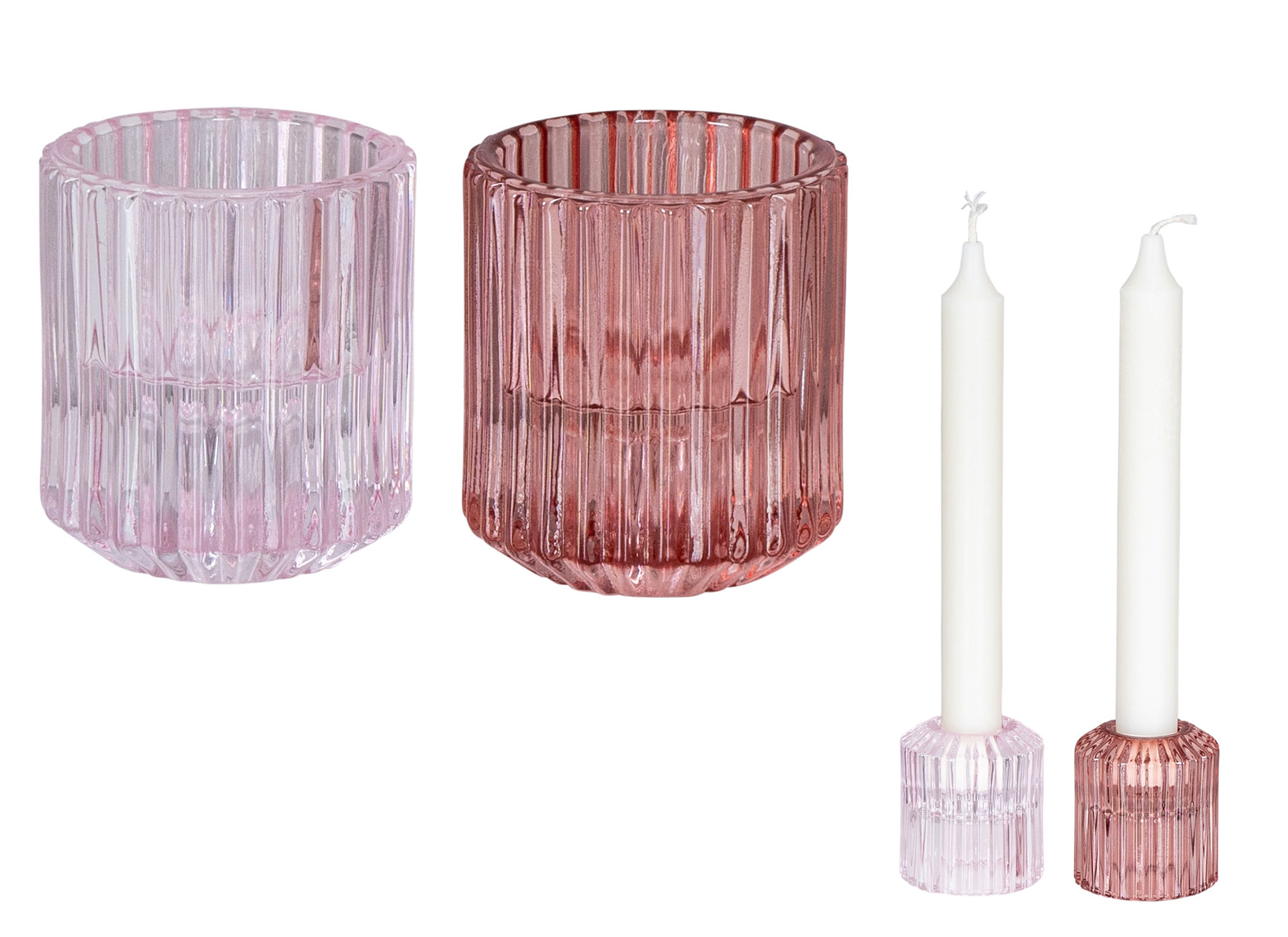 2er Set Kerzenhalter Teelichthalter Glas Rosa Pink 2in1 Stabkerze Tischdeko