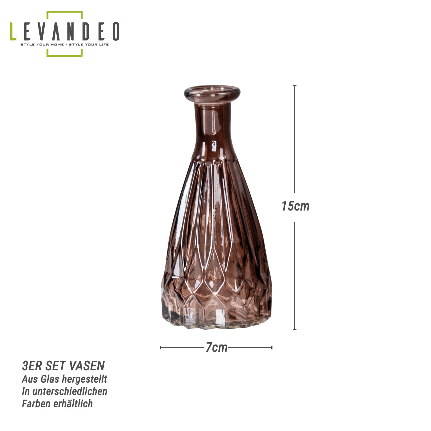 3er Set Vasen Glas H15cm Braun Blumenvase Tischdeko Glasvase Blumendeko Herbst