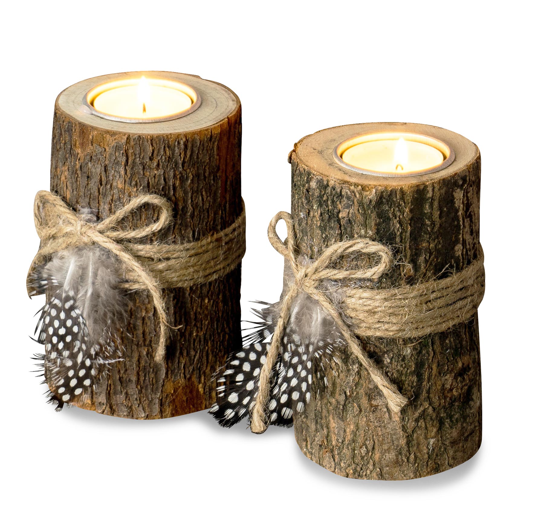 2er Set Teelichthalter Holz je 12cm hoch Kerzenhalter Federn Kerzenständer