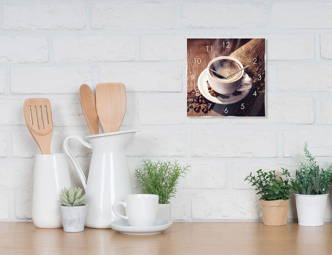 Wanduhr Glas 20x20cm Kaffee Tasse Coffee Uhr Glasbild Küche Cafe Küchenbild Deko