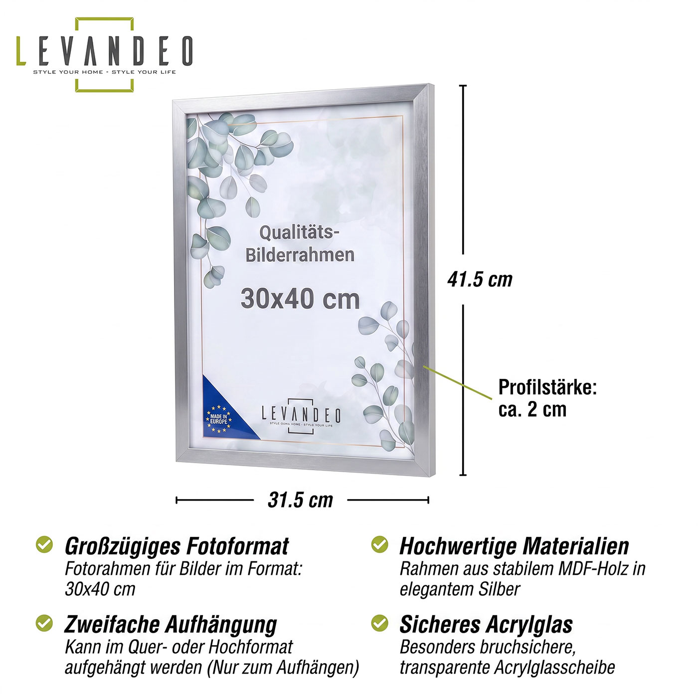 Fotorahmen Silber 30x40 MDF Holz Bilderrahmen Posterrahmen Wanddeko Kunstdrucke