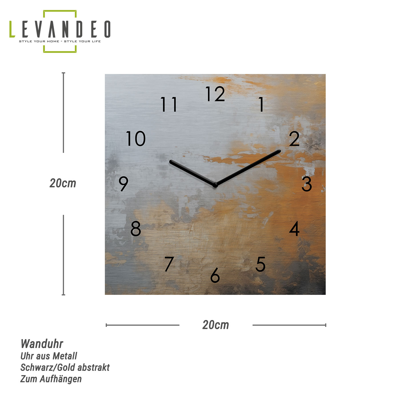 Wanduhr Metall 20x20cm Schwarz Gold Abstraktes Design Metalluhr Wanddeko Wandkunst