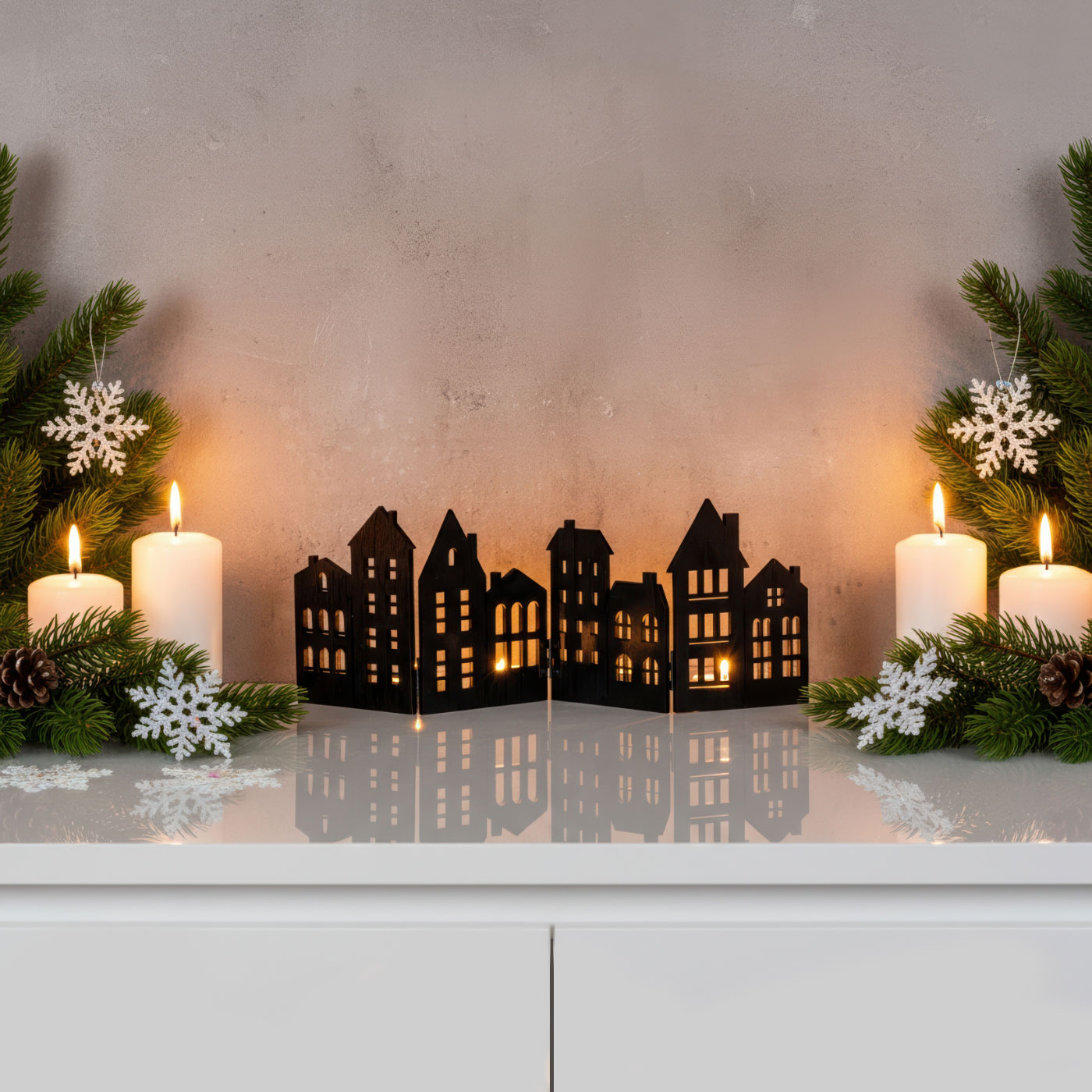 2er Set Haus Silhouette Holz Schwarz Deko Häuserzeile Aufsteller Tischdeko Deko