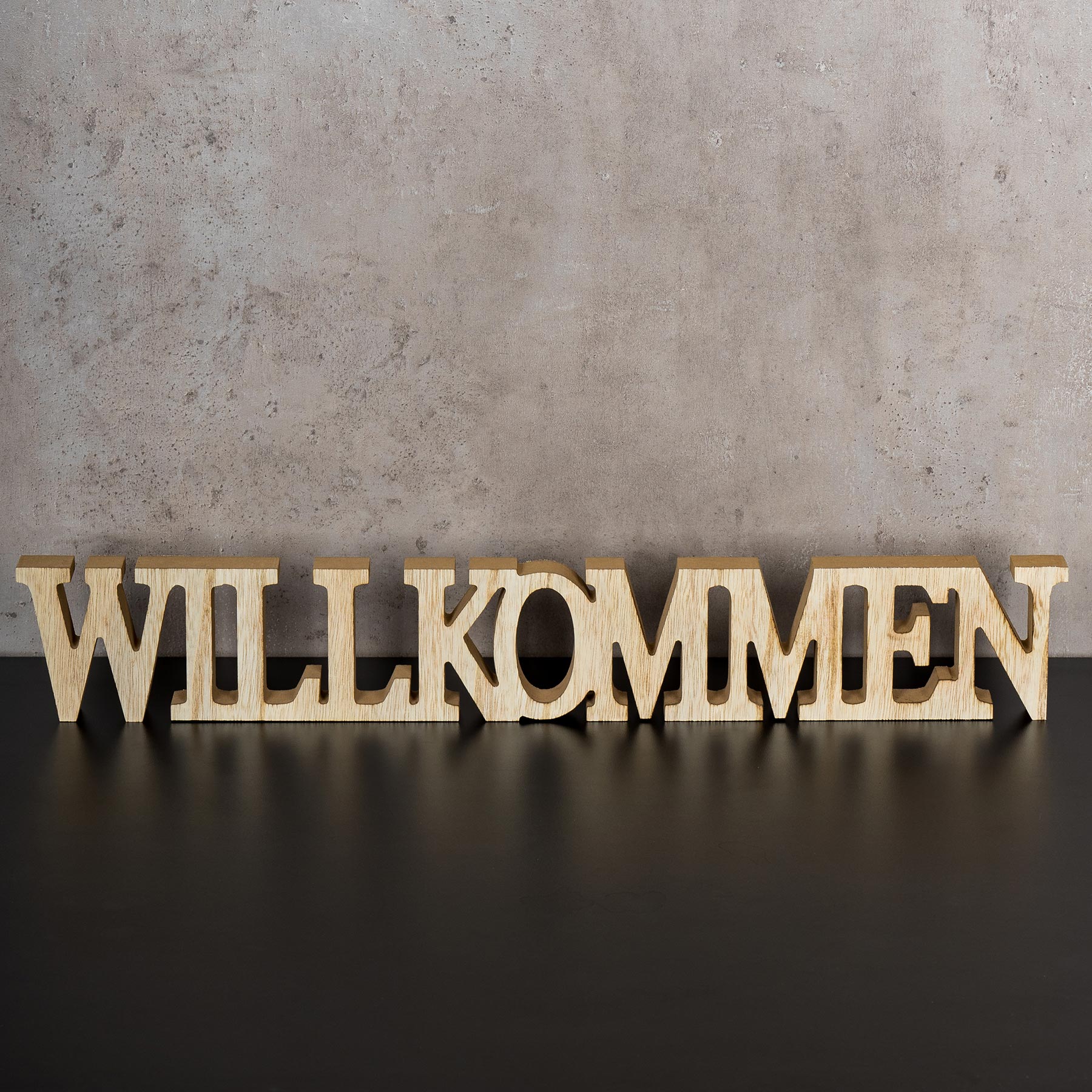 Schriftzug Holz Willkommen 60x9cm Deko Buchstaben Aufsteller Braun Natur