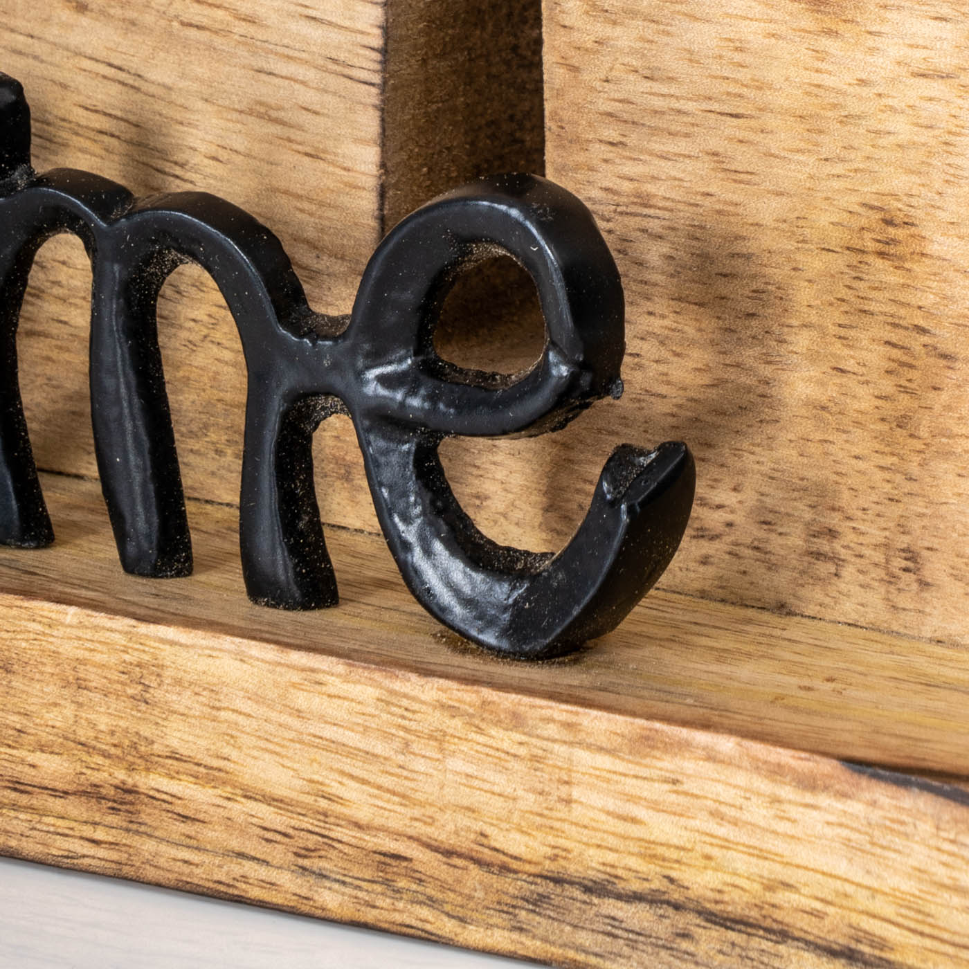 Aufsteller Haus H20cm Home Schwarz Mango Metall Schriftzug Holz Deko Tischdeko