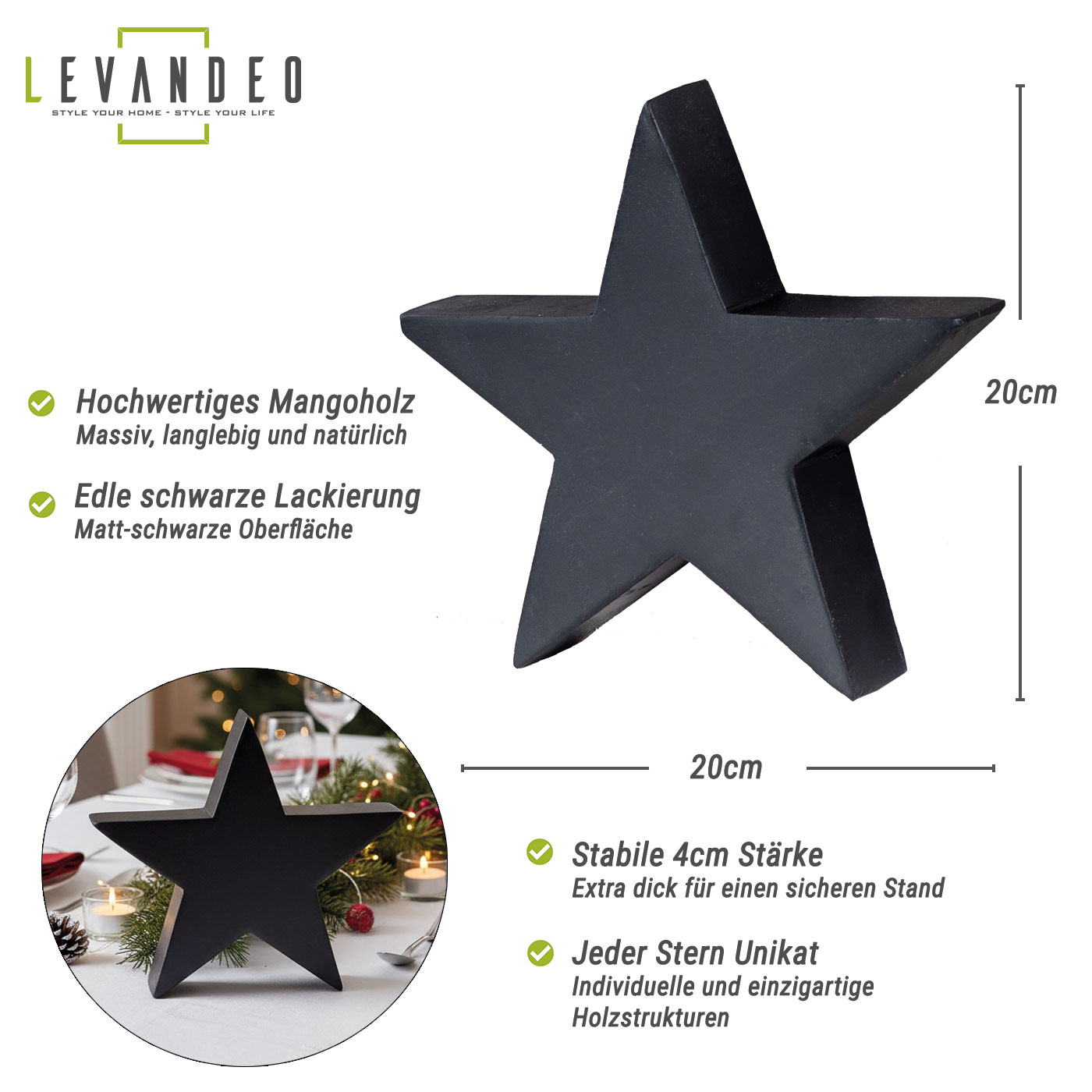 Deko-Stern Holz 20cm Schwarz Mango  Deko Tischdeko Mangoholz Holzdeko Aufsteller