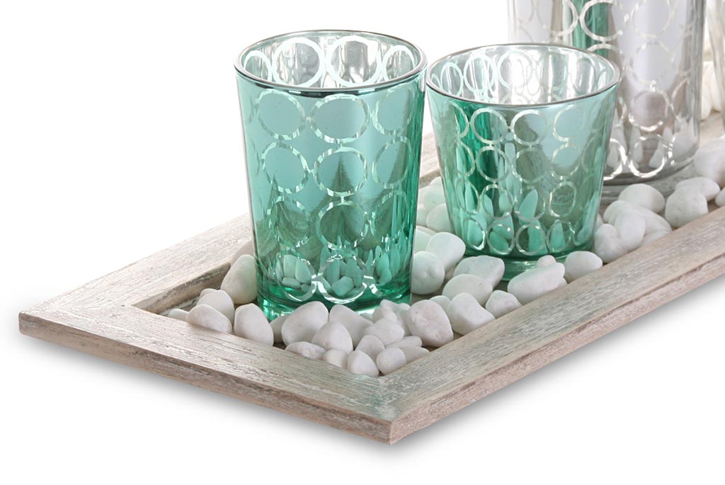 Tablett Teelichthalter Set 42,5x15x2cm Holz Glas Windlichter Deko