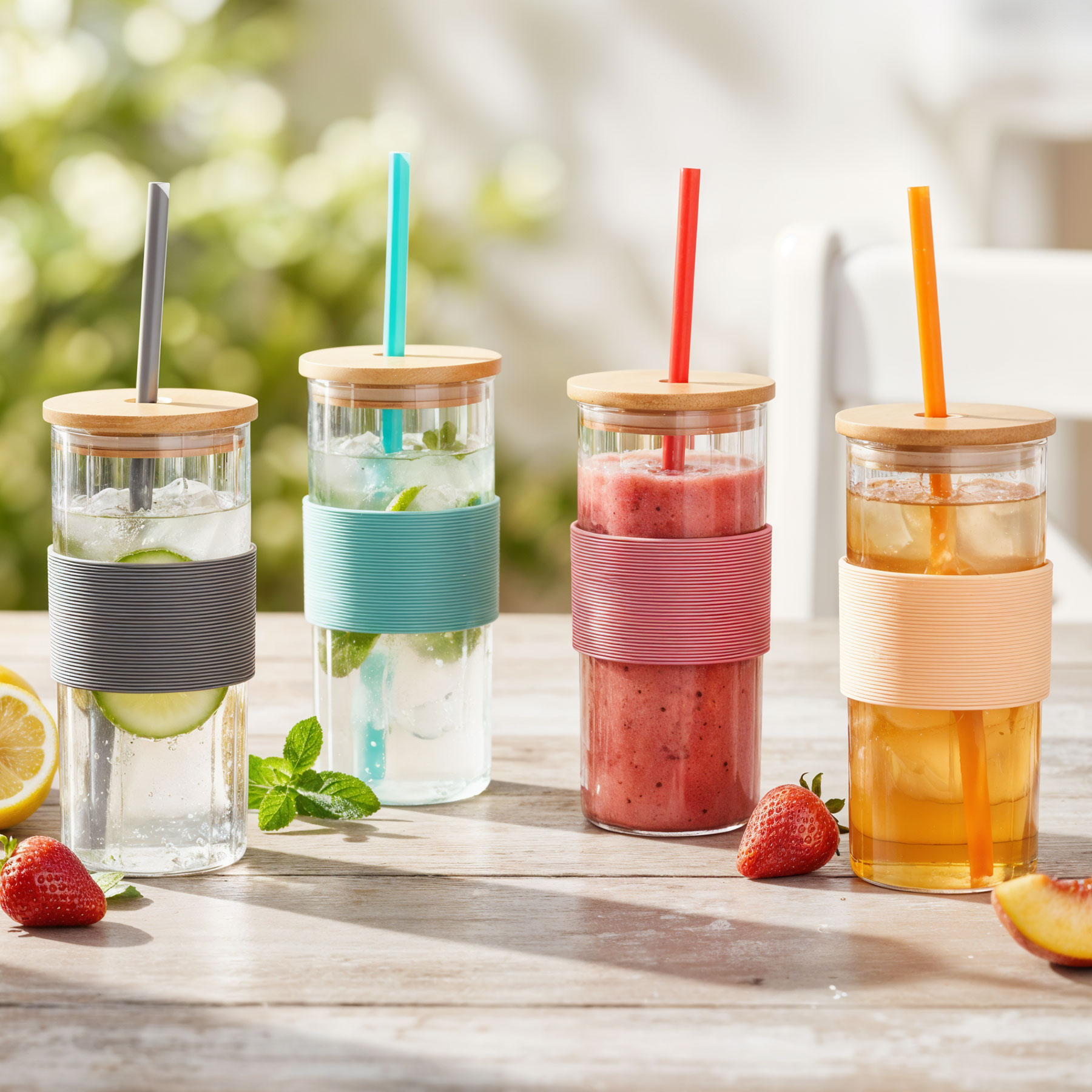 4er Set Glas mit Deckel 400ml Bunt Strohhalm Bambusdeckel Trinkbecher Eiskaffee