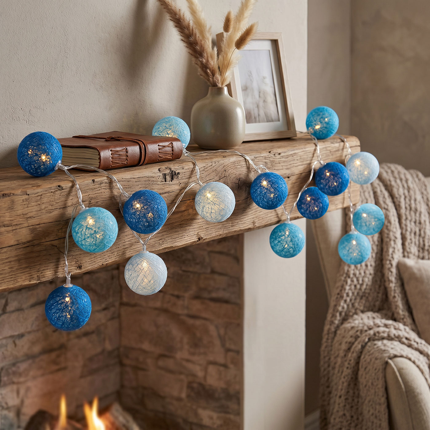 15er Lichterkette Ø4cm LED Kugeln Girlande Lampions Baumwolle Blau Deko