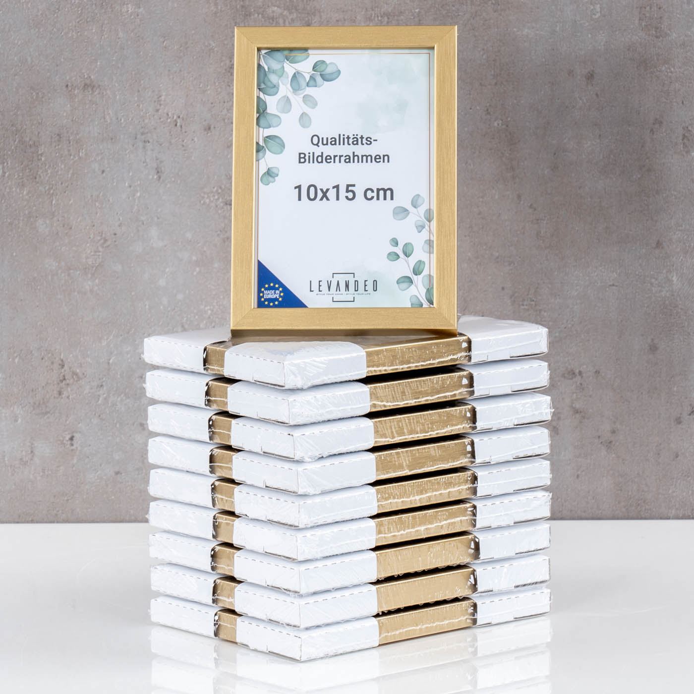 10er Set Bilderrahmen Echtholz Made in EU 10x15 Gold Glasscheibe Holz Fotorahmen