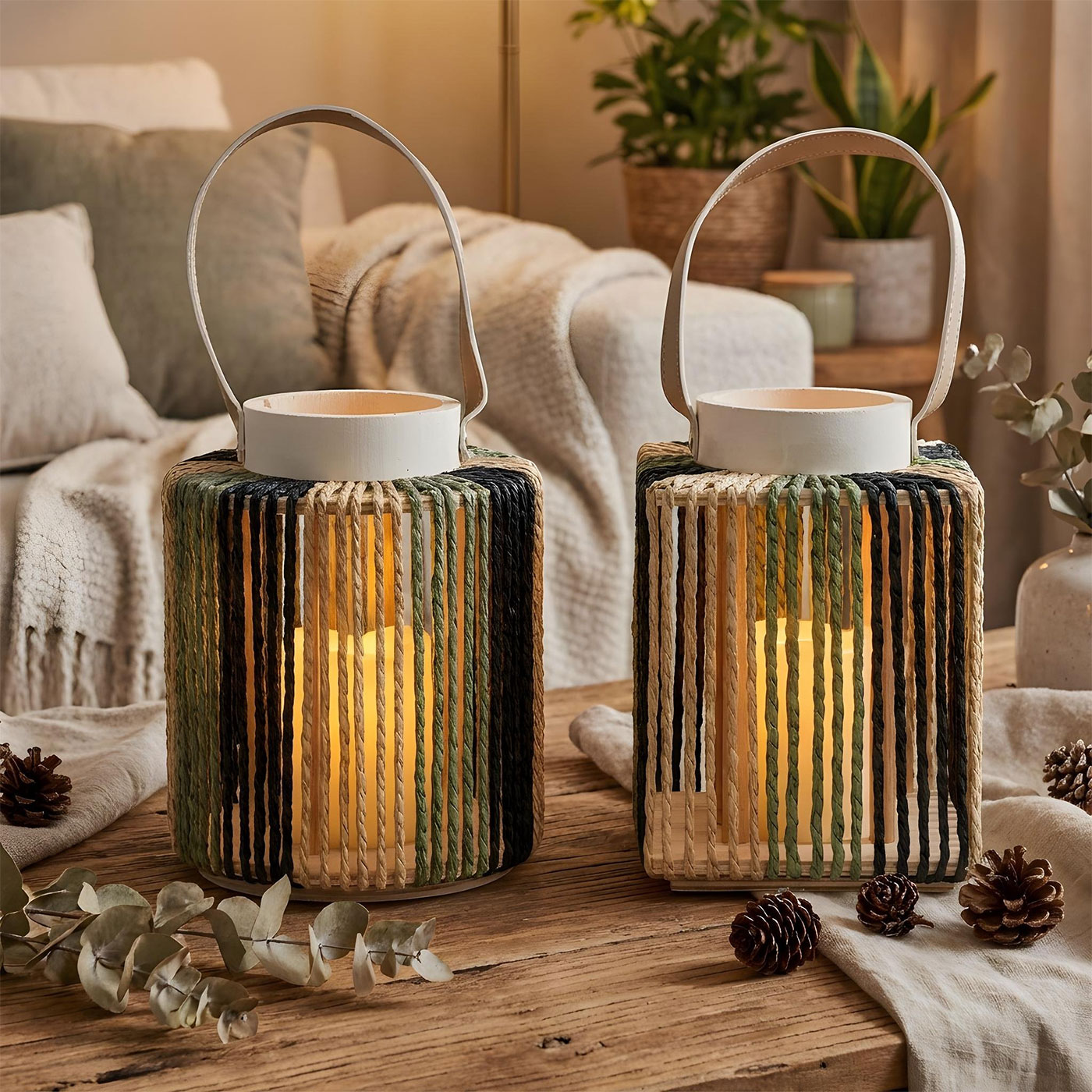 2er Set Laterne LED Kerze H22cm Timer Schwarz Grün Natur Papier MDF Boho Deko