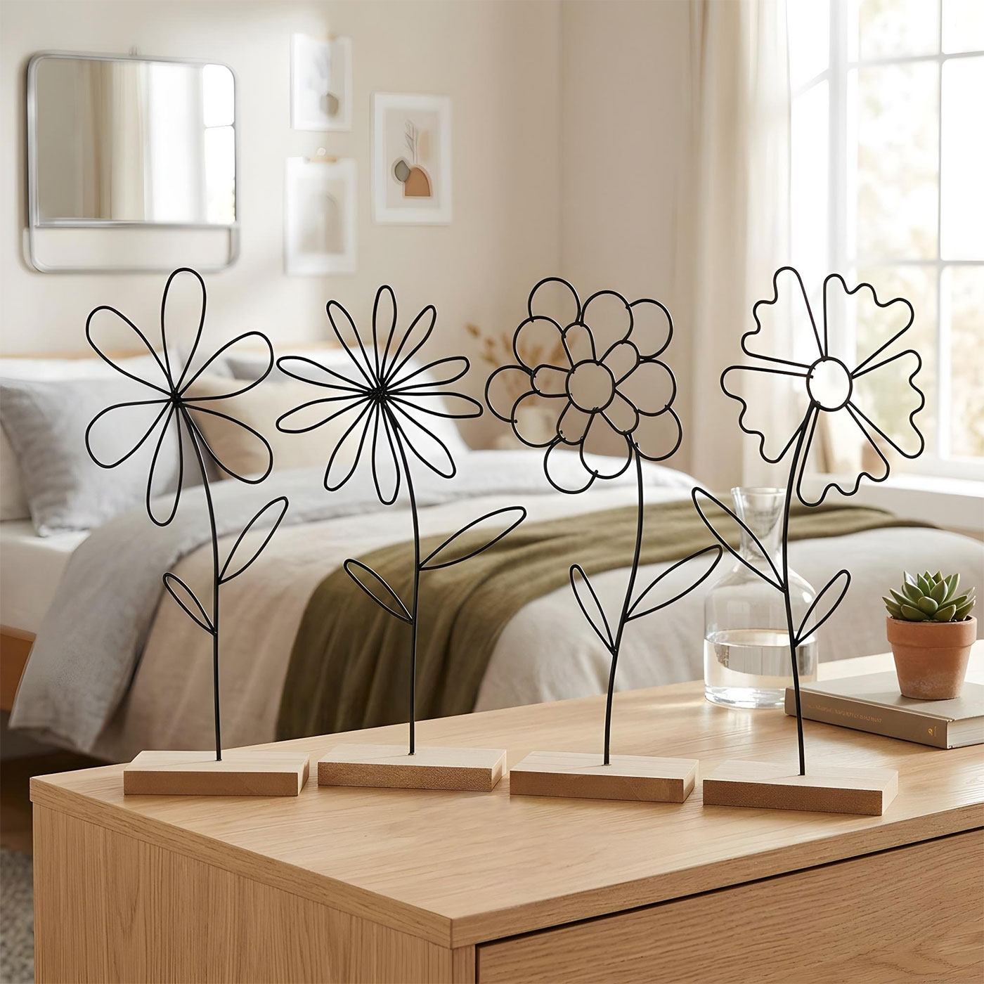 Blumen Deko Aufsteller 4er Set Metall Schwarz MDF Holzsockel Modern Tischdeko