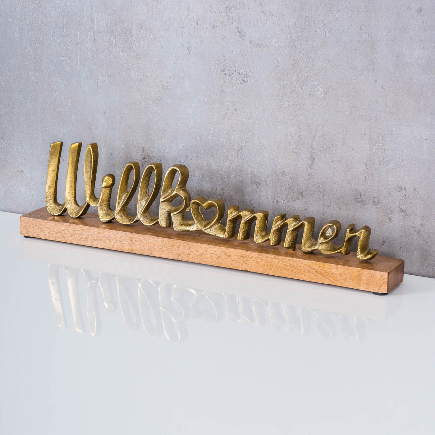 Willkommen Schriftzug L45cm Metall Mango Gold Holz Tischdeko Deko Aufsteller