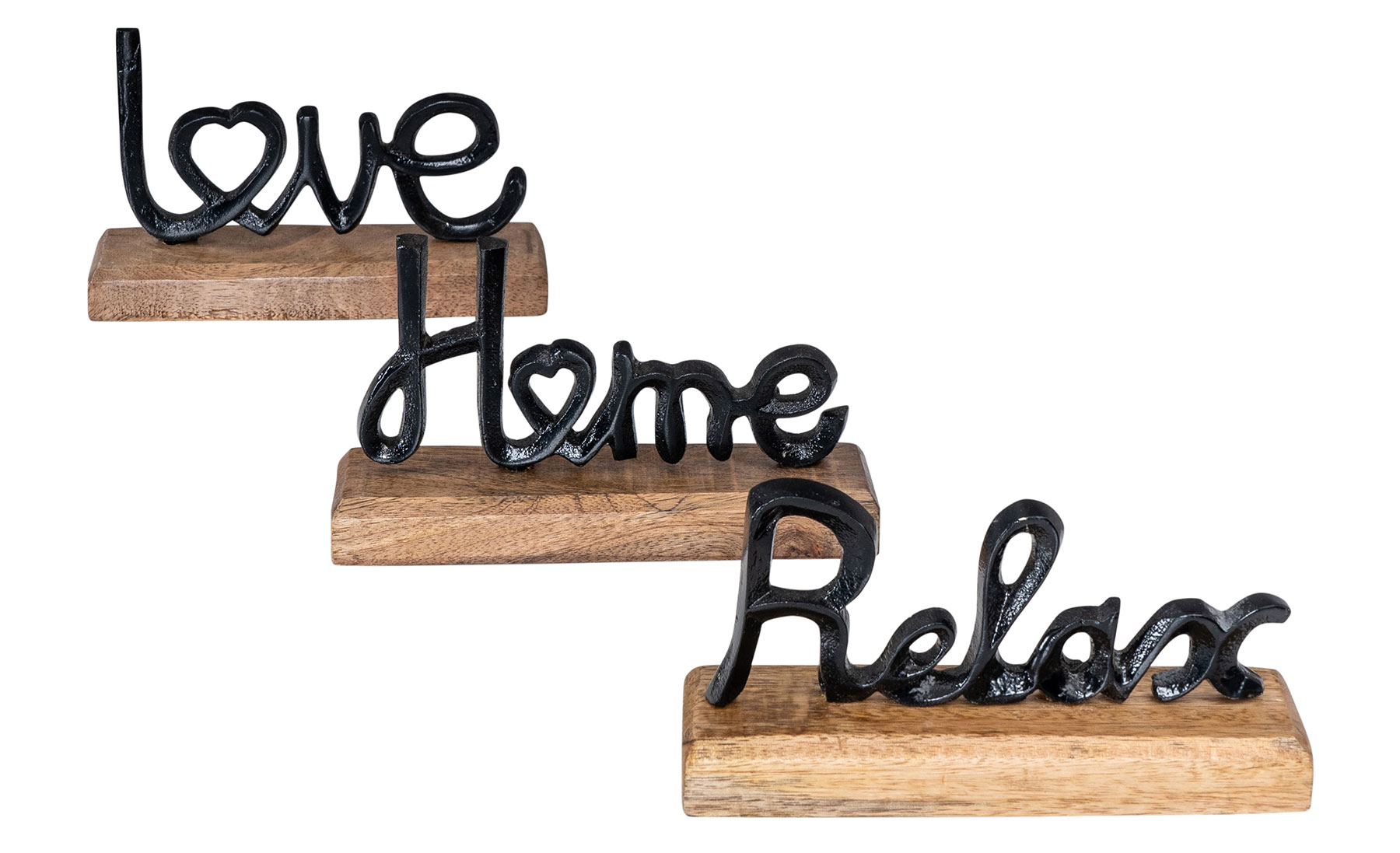 3er Set Schriftzug Love Home Relax Schwarz Mango Holz Metall Aufsteller Deko