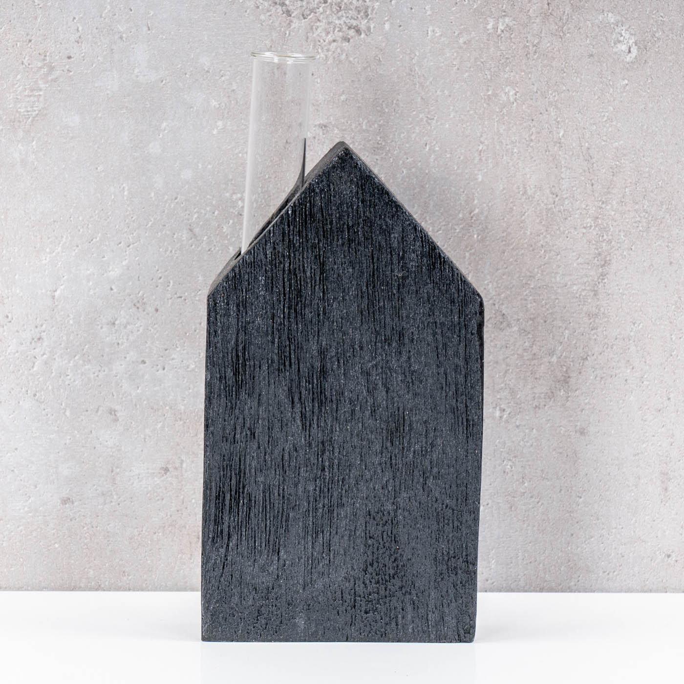 Haus Vase Reagenzglas H20cm Mangoholz Schwarz Glas Tischdeko Wohnzimmer Deko