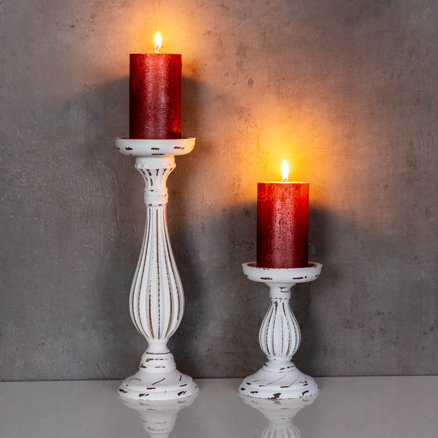 Set H17-34cm MDF 2er Holz Kerzenhalter Vintage Shabby Tischdeko Kerzenständer Weiß