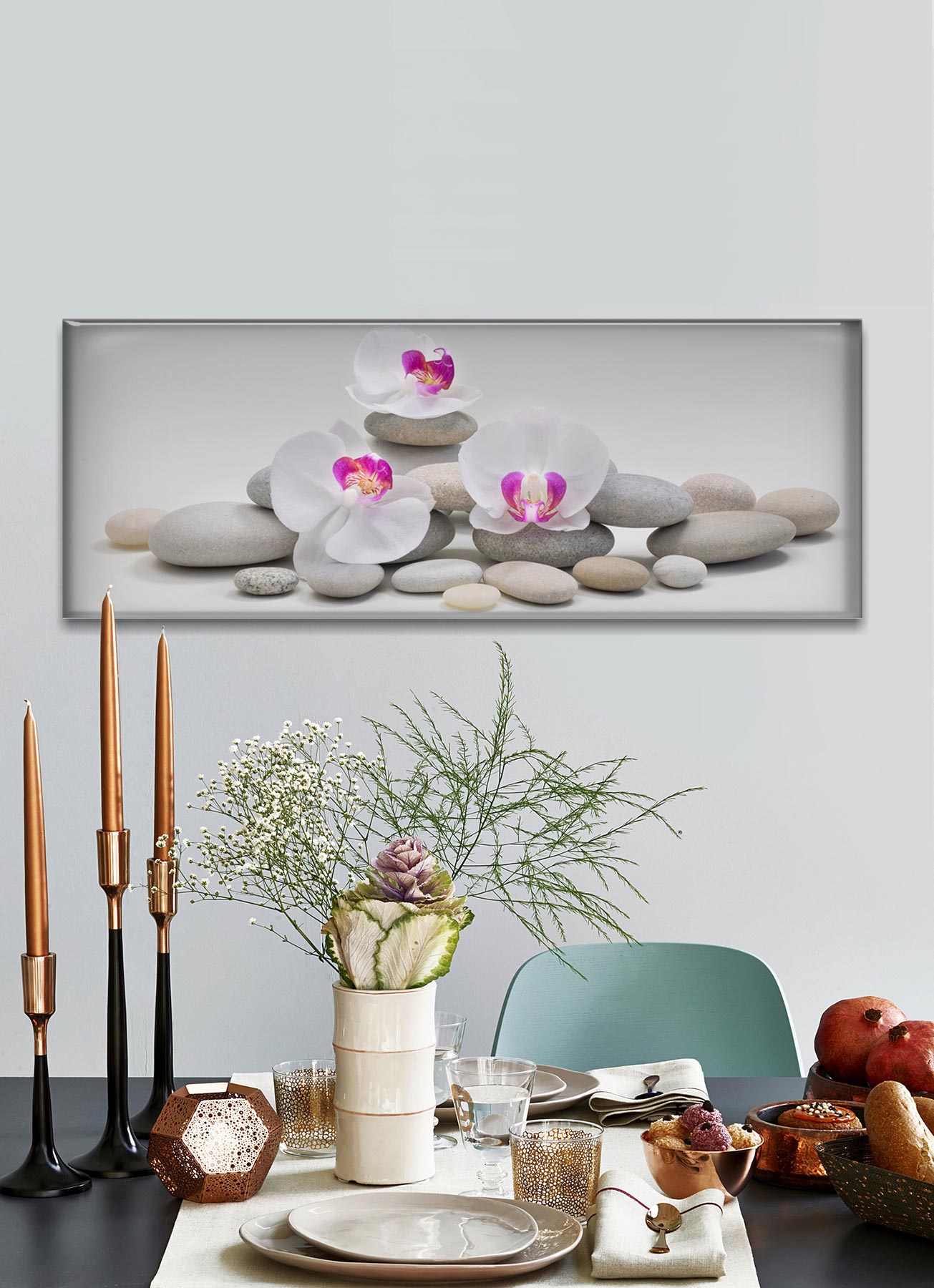 Glasbild 80x30cm Wandbild aus Glas weiße Orchideen Steine Wellness