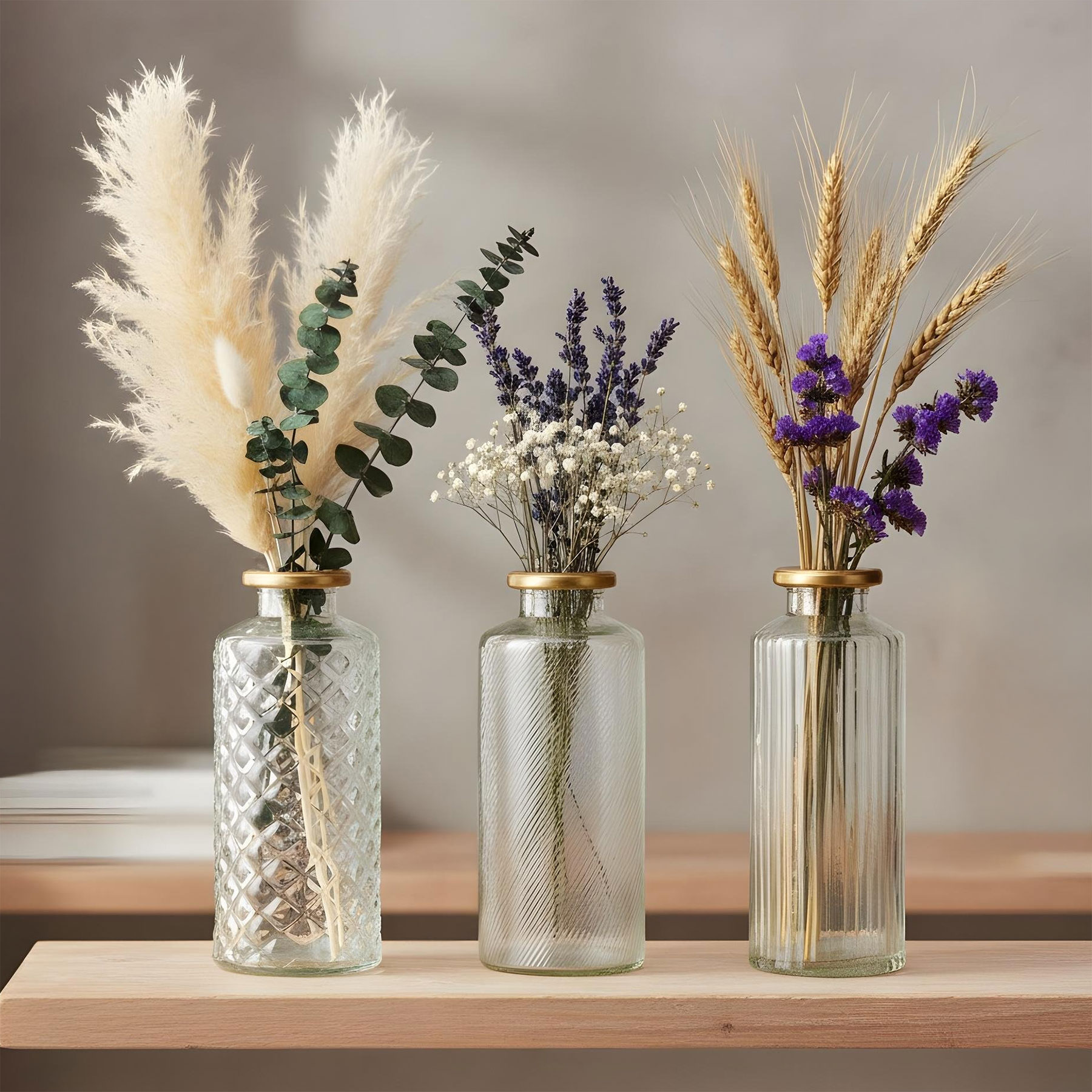 3er Set Vase Glas Klar Gold H14cm Blumenvase Tischdeko Frühling Blumendeko Deko
