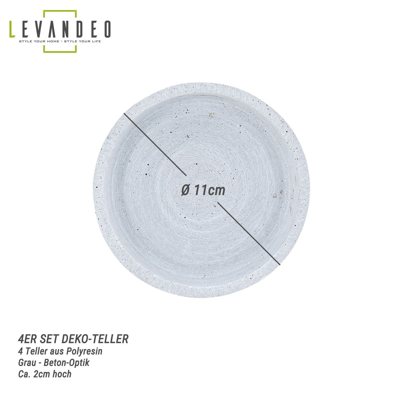 4er Set Deko Teller 11cm Rund Teller Grau Betonoptik Kerzenschale Tischdeko