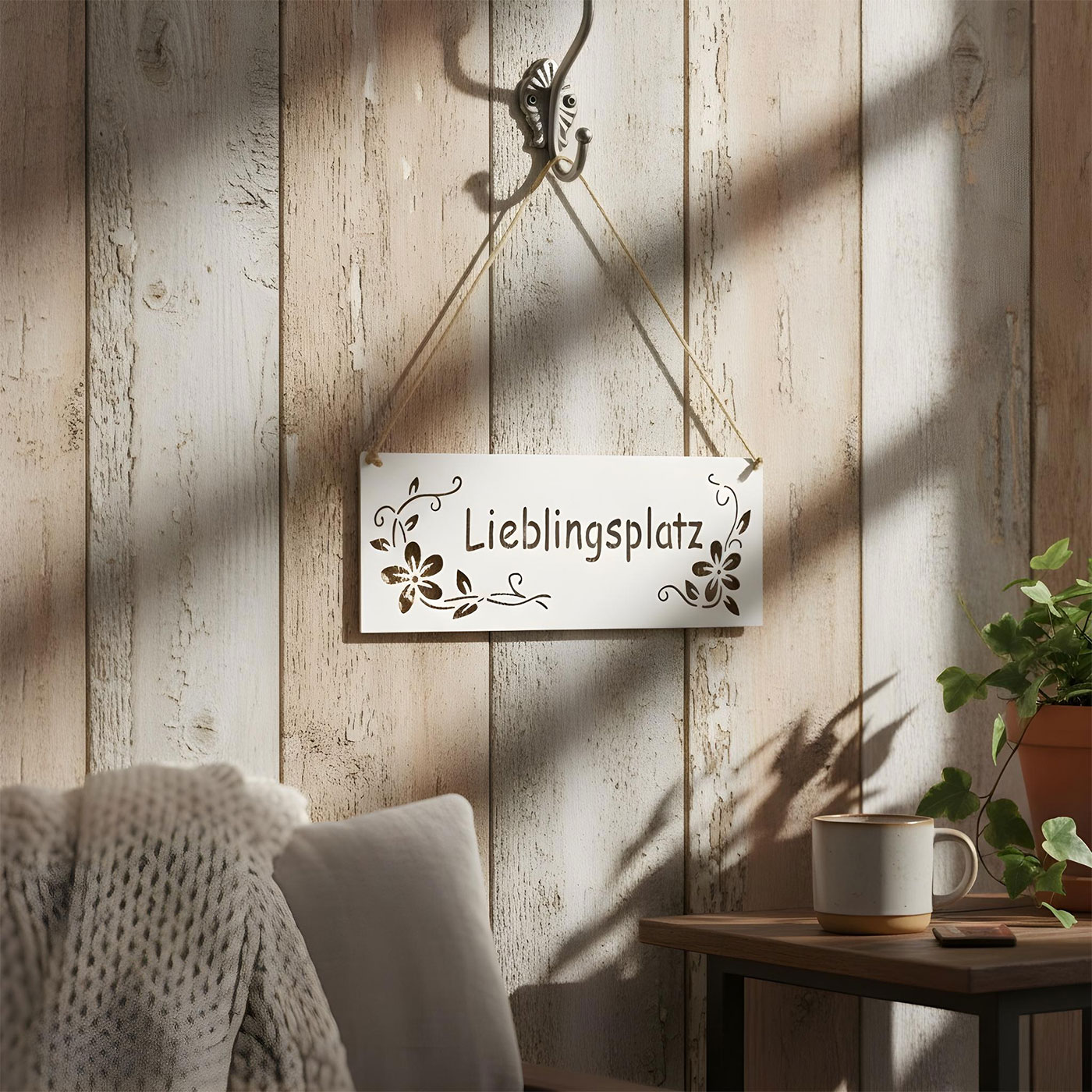 Schild Lieblingsplatz 25x9cm Außen Garten-Deko Weiß Blumen Metall Türschild