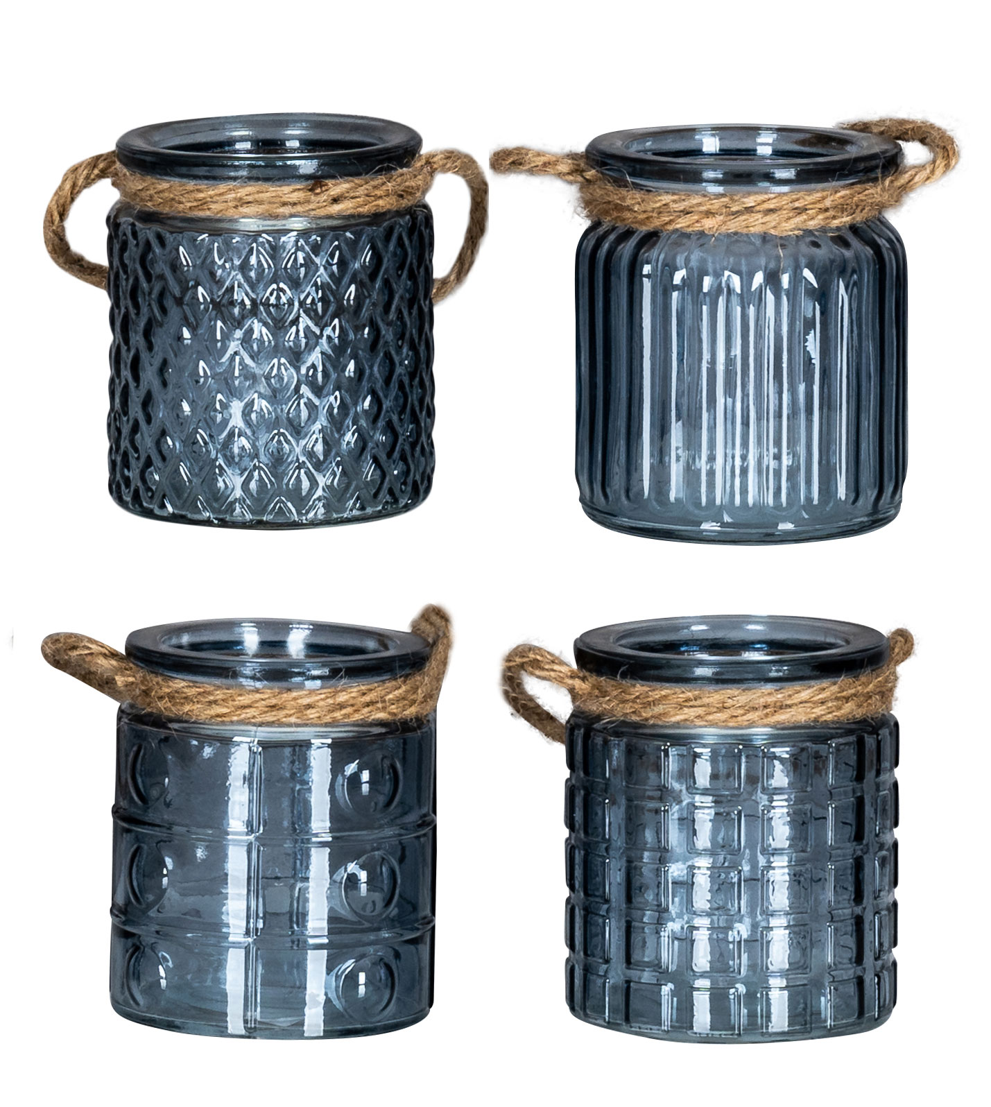 4er Set Windlicht H10cm Glas Blau Teelichthalter Tischdeko Kerzen Deko Retro