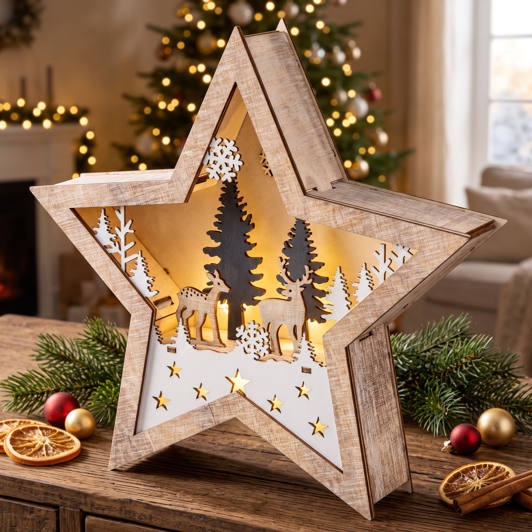 LED Stern Holz 25x25cm Deko Leuchte Weihnachten Tischdeko Weihnachtsstern Lampe