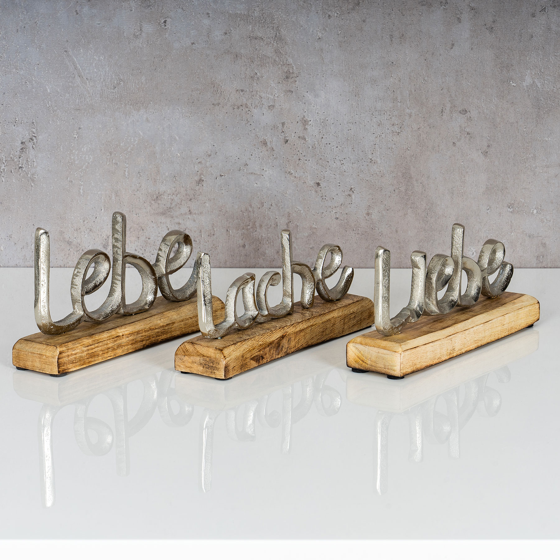 3er Set Schriftzug Lebe Lache Liebe L23cm Metall Silber Mango Holz Deko