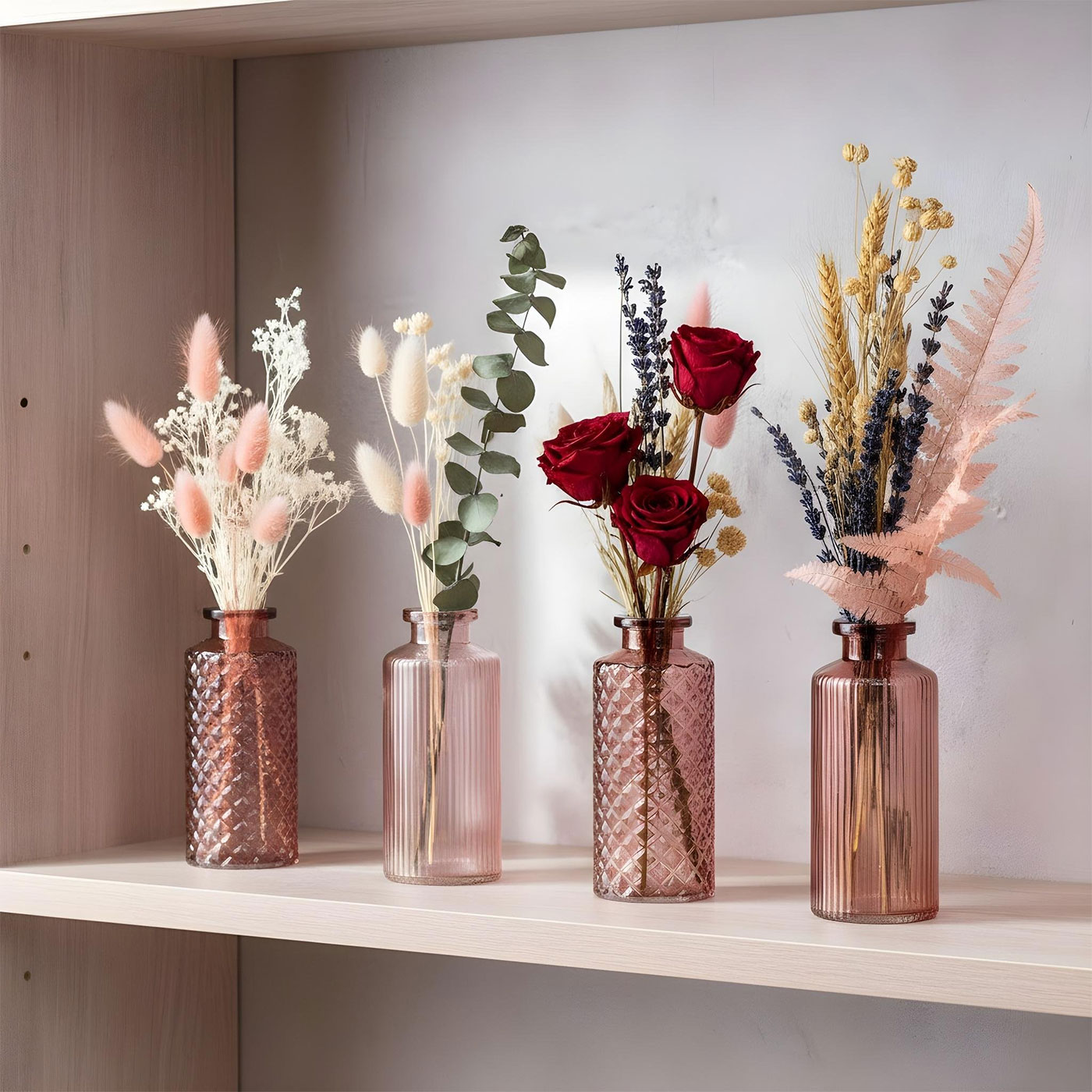 4er Set Vase Rosa H14cm Glas Blumenvase Tischdeko Frühling Blumendeko Glasvase