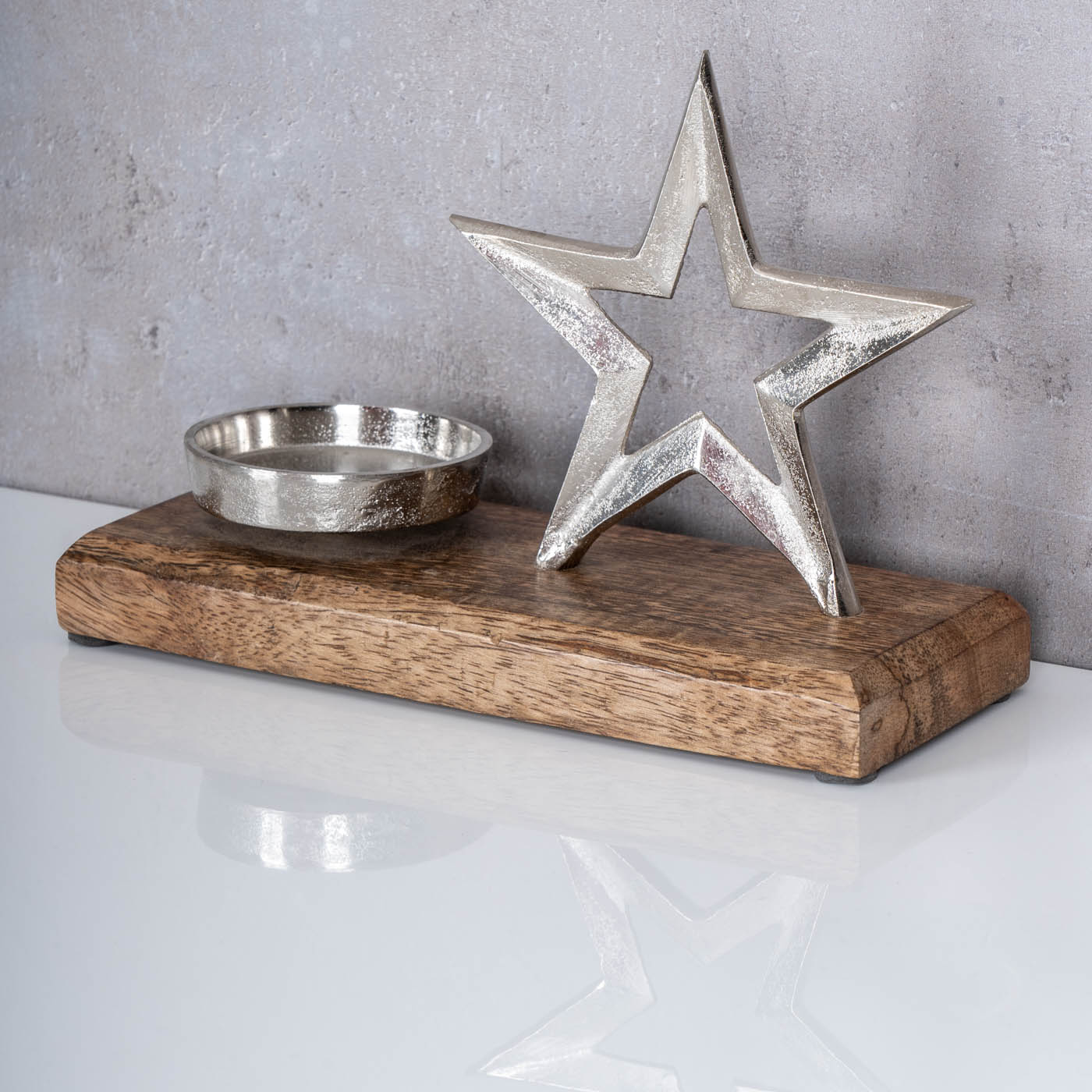 Metallstern Kerzenhalter 23x15cm Metall Mango Silber Stern Braun Tischdeko Holz