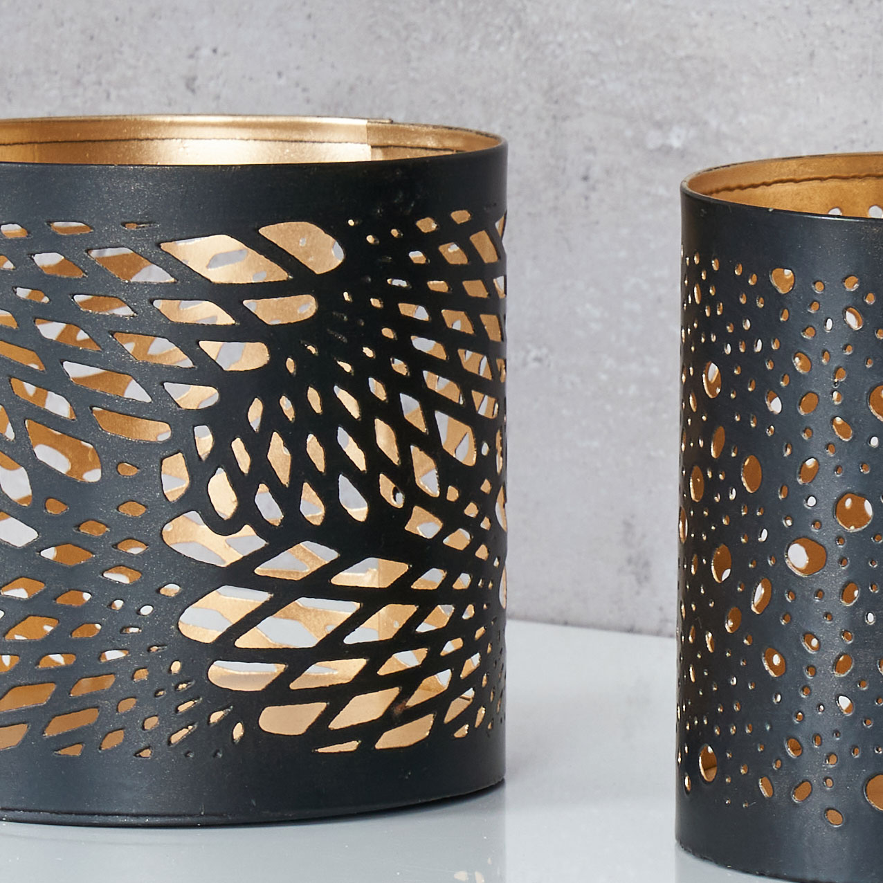 3er Set Windlicht 10x10cm Metall Schwarz Gold Teelichthalter Kerzen Deko
