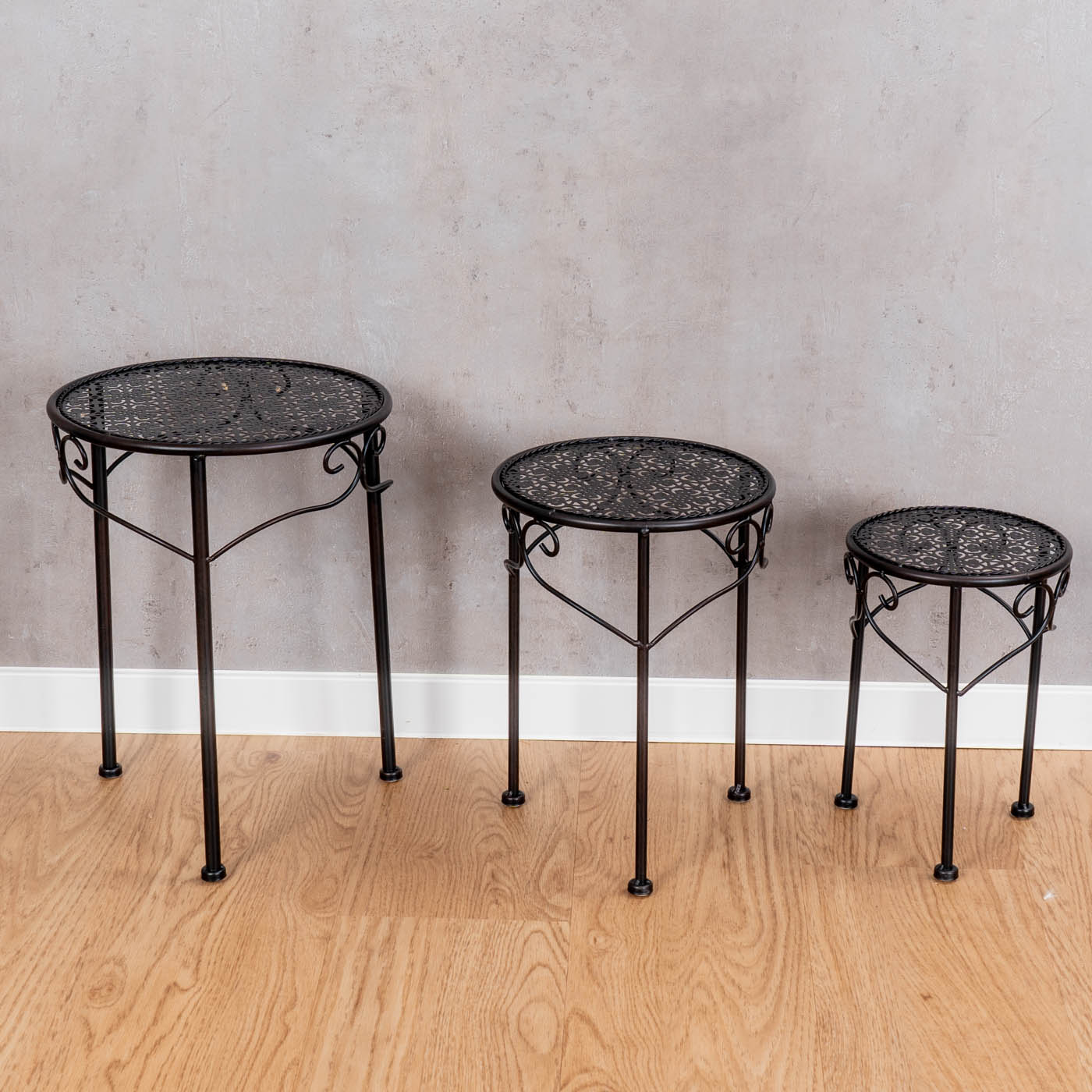 3er Set Blumenhocker Metall Schwarz Pflanzenständer Rund Tisch Garten Deko