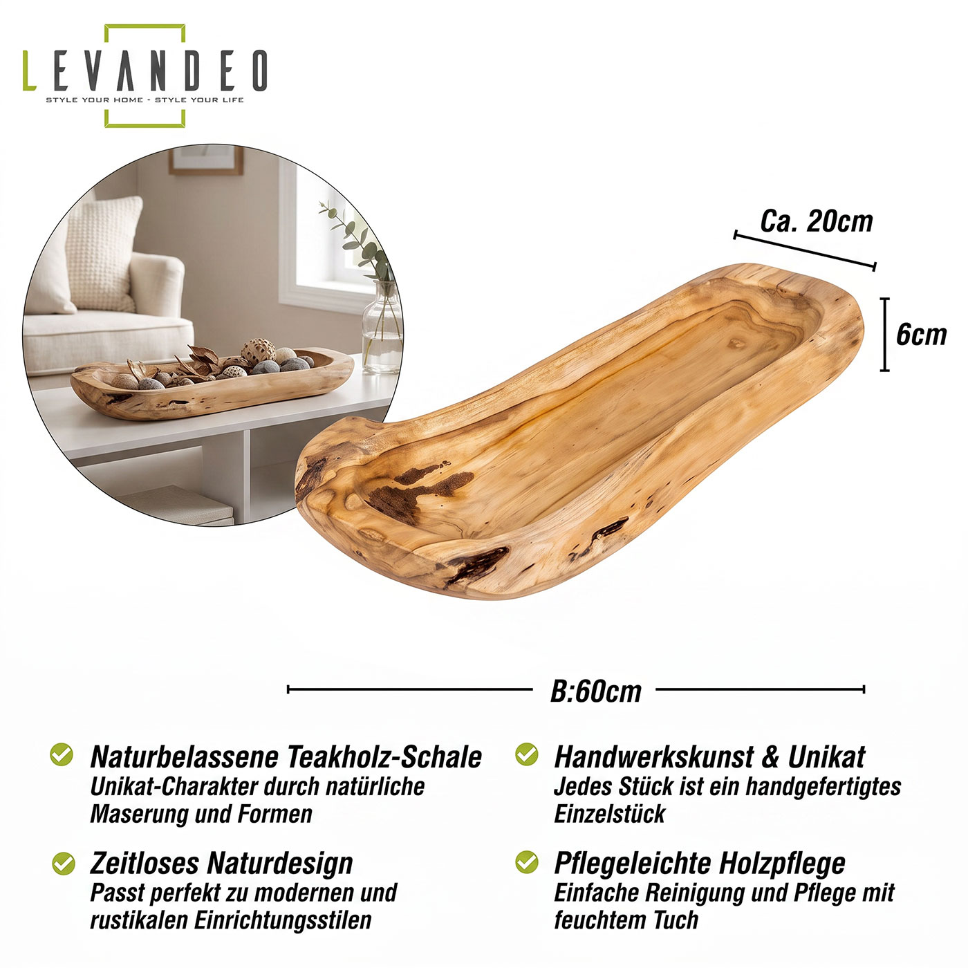 Teakholz Schale ca. L60cm Massiv Holz Obstschale Schüssel Holzschale Dekoschale