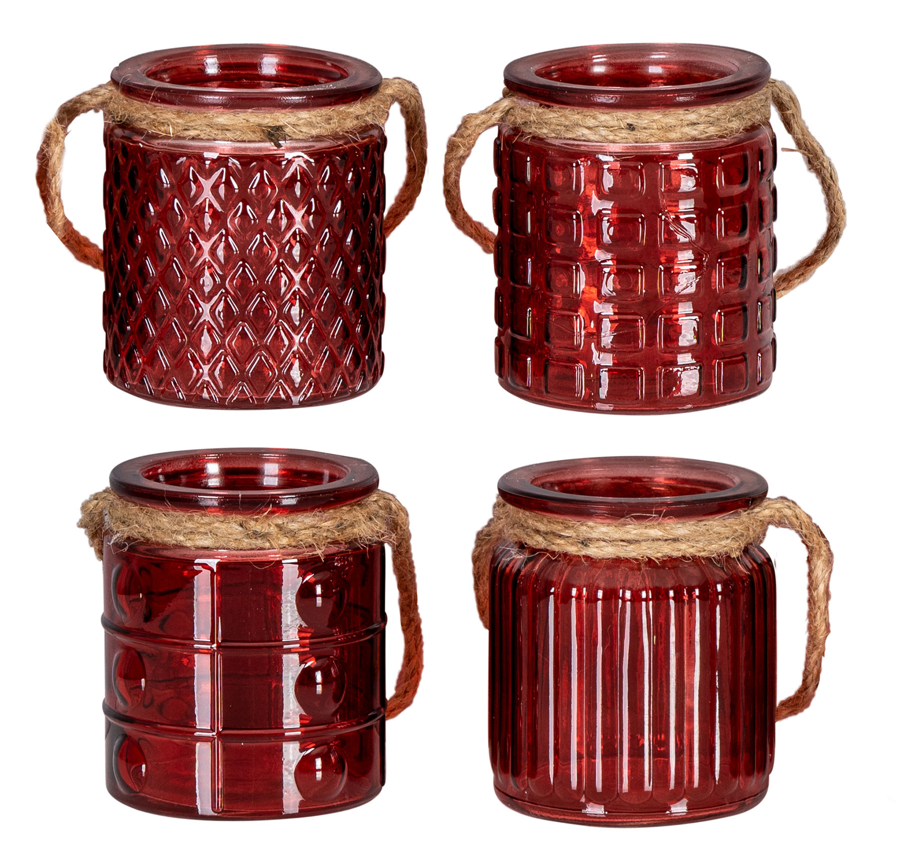 4er Set Windlicht H10cm Glas Rot Bordeaux Teelichthalter Tischdeko Kerzen Retro