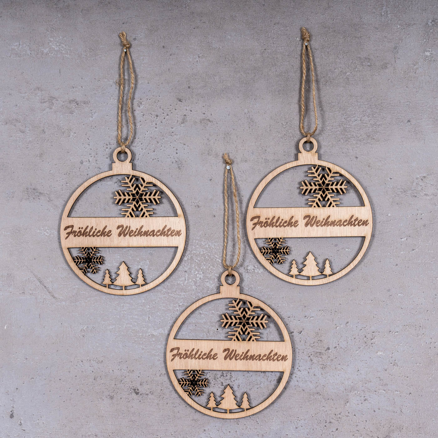 3er Set Deko-Anhänger Fröhliche Weihnachten Holz Birkenholz Baumschmuck Kugel