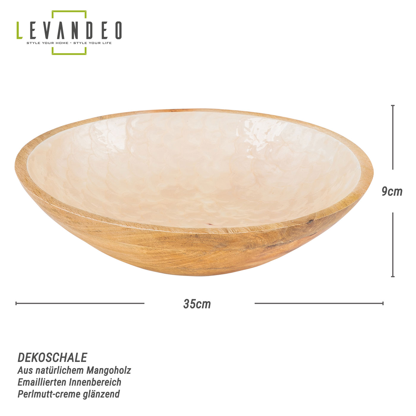 Schüssel 35cm Mango Holz Creme Perlmutt Emaille Schale Bowl Salatschüssel Deko