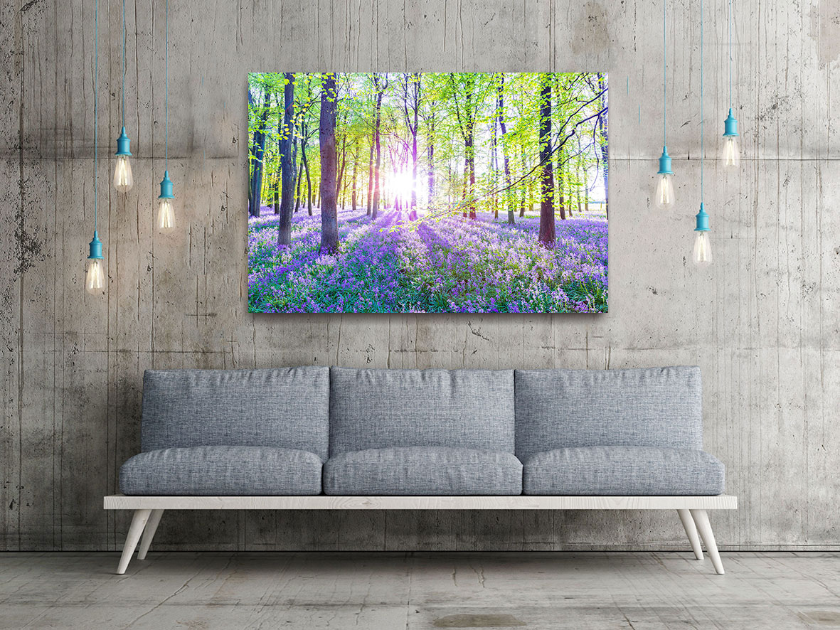 Leinwandbild 80x60cm Wald Natur Lavendel Echtholz Keilrahmen Wanddeko Wandbild