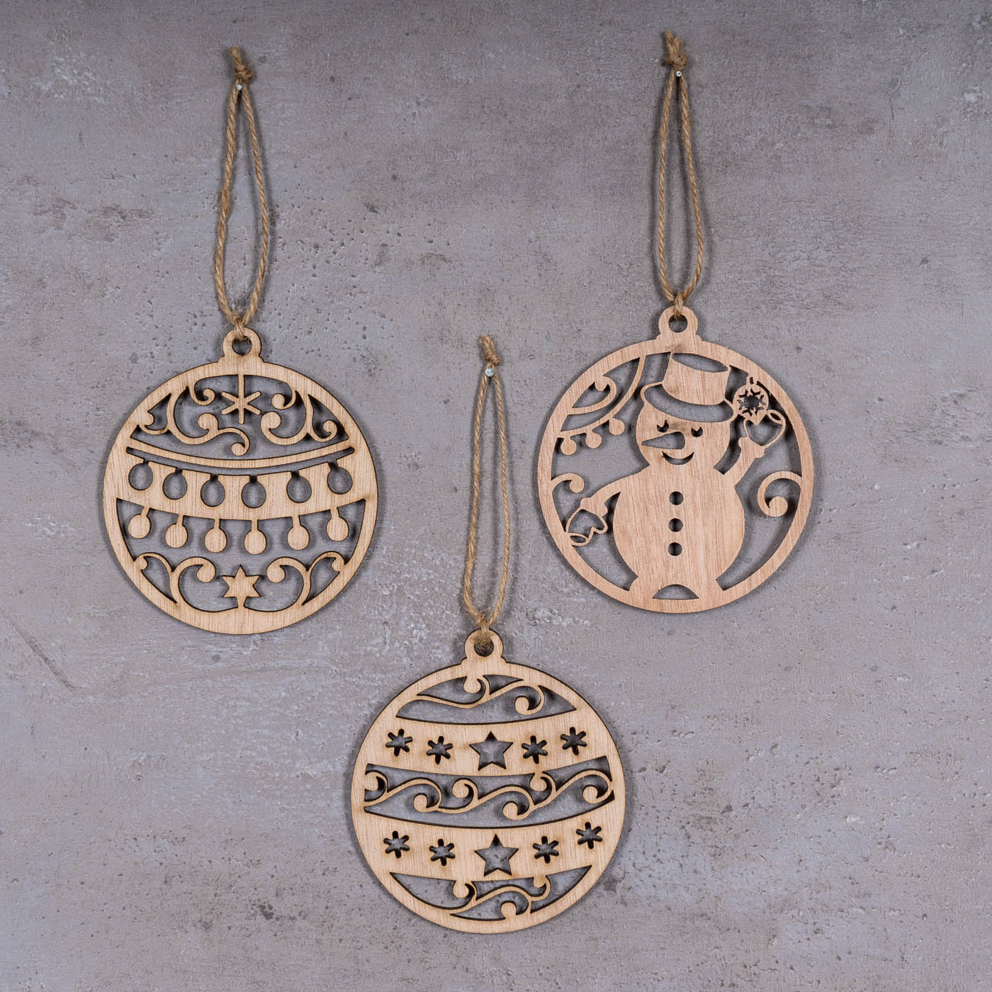 3er Set Deko-Anhänger Weihnachten Holz Birkenholz Schneemann Kugel Baumschmuck