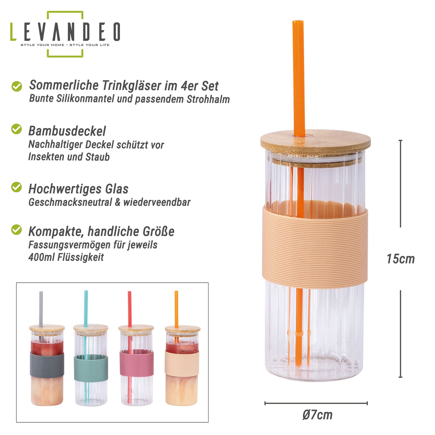4er Set Glas mit Deckel 400ml Bunt Strohhalm Bambusdeckel Trinkbecher Eiskaffee