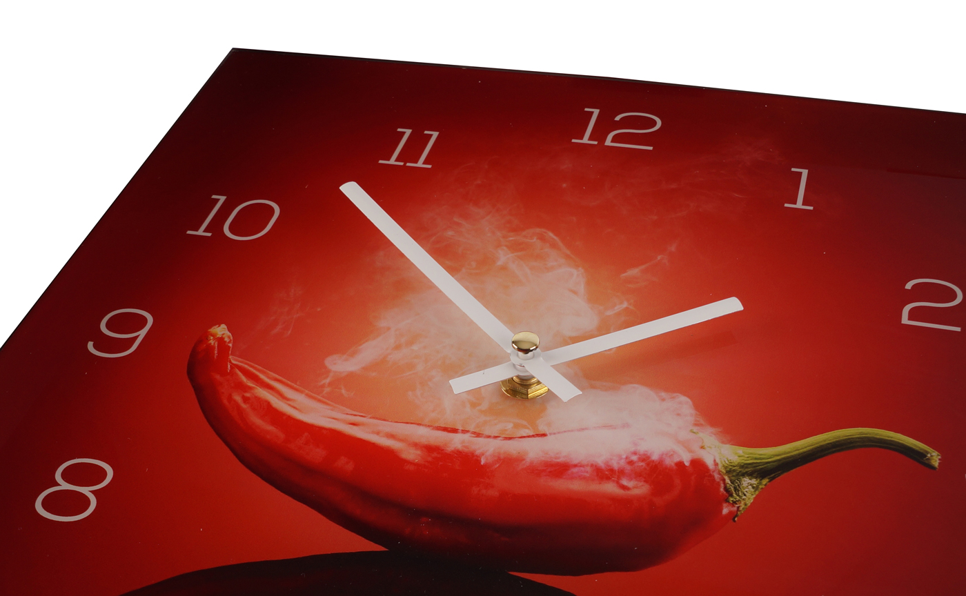 Wanduhr Alu-Dibond 30x30cm Uhr Alubild Küche Chili Peperoni Deko Küche Aluminium