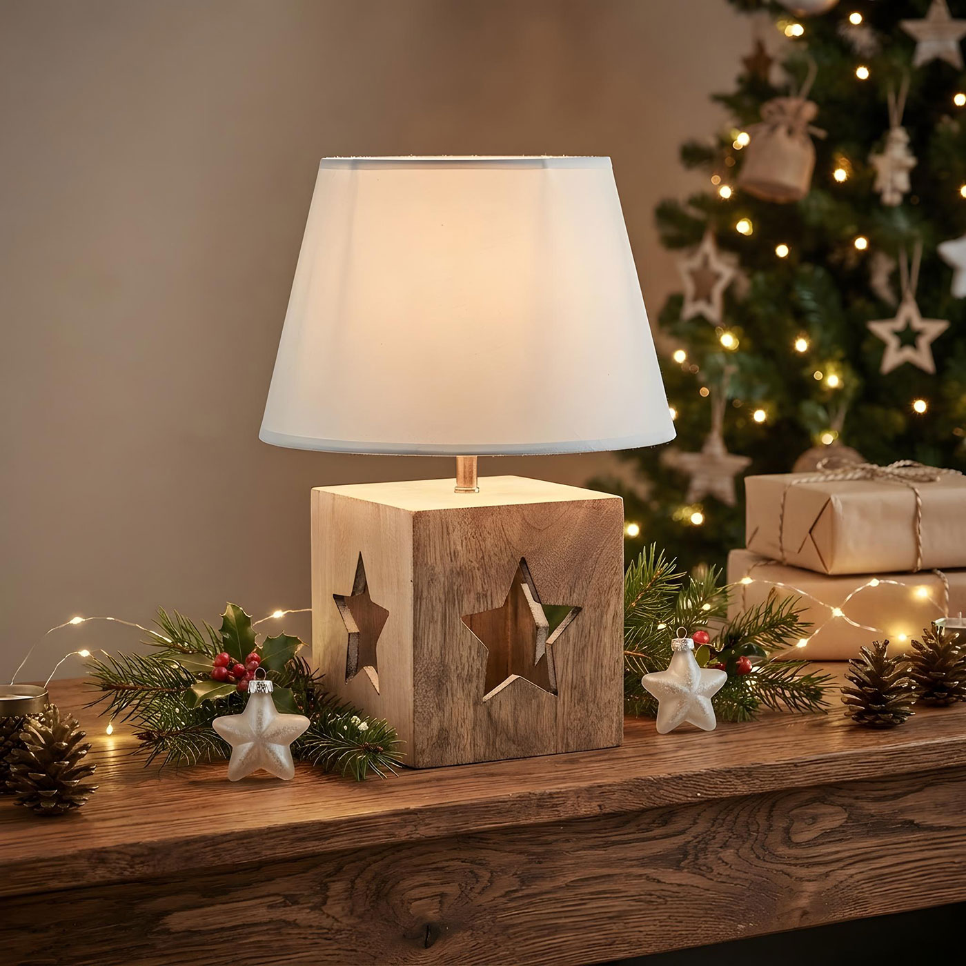 Tischlampe H41cm Stern Weihnachten Deko Leuchte Tischdeko Holzlampe Licht