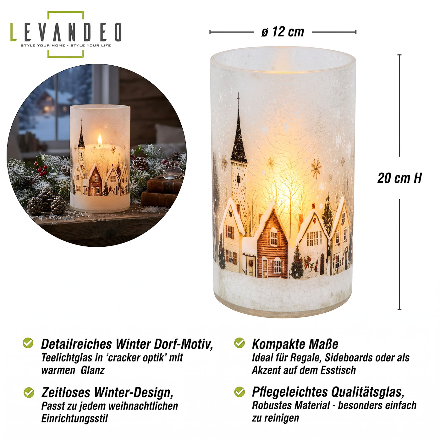 Windlicht H20cm Crackle Glas Teelichthalter Winter Weihnachten Kerzen Tischdeko