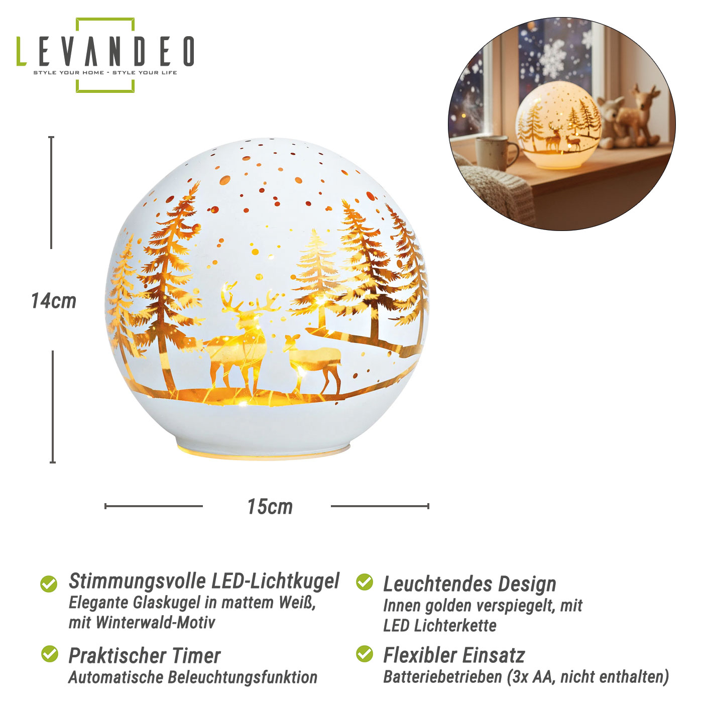 LED Deko Kugel 15cm Weiß Glas Weihnachtsdeko Winterland Tischdeko Dekoleuchte