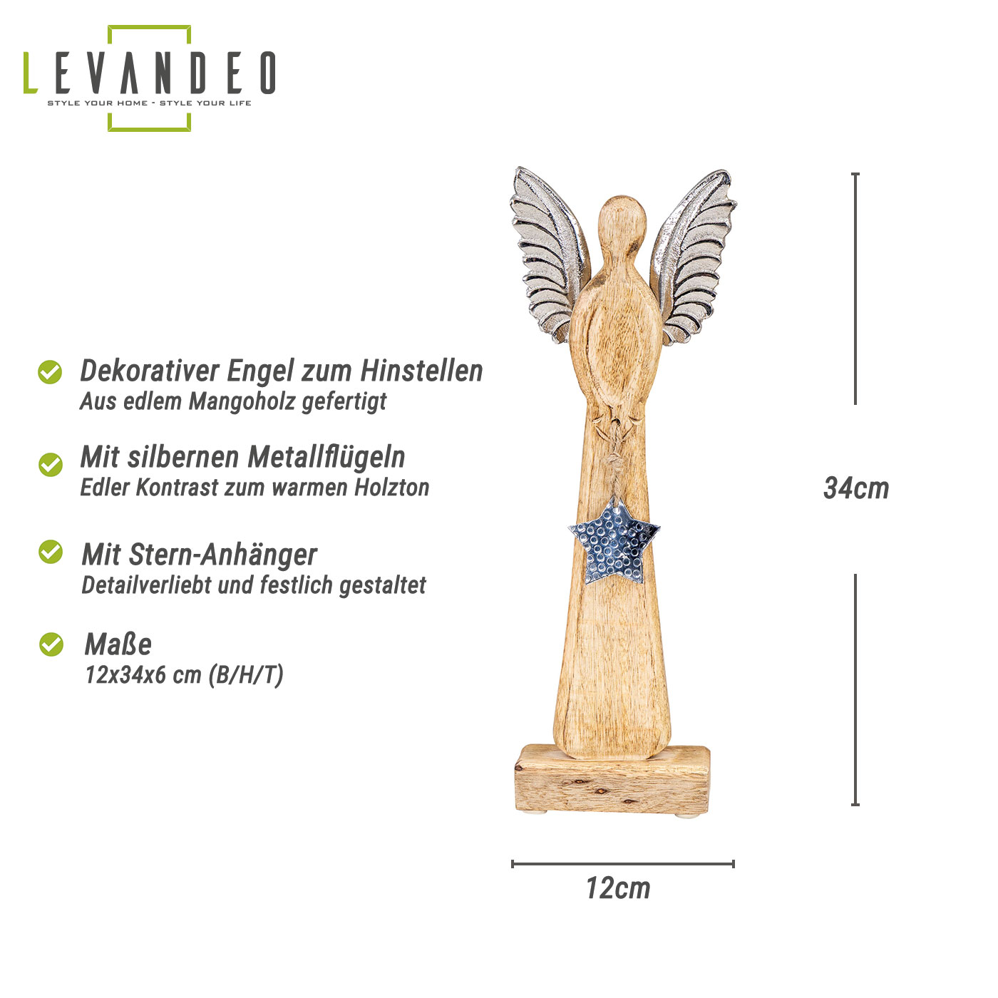 Weihnachtsengel Mangoholz H34cm Engel Deko Aufsteller Holz Metall Weihnachten